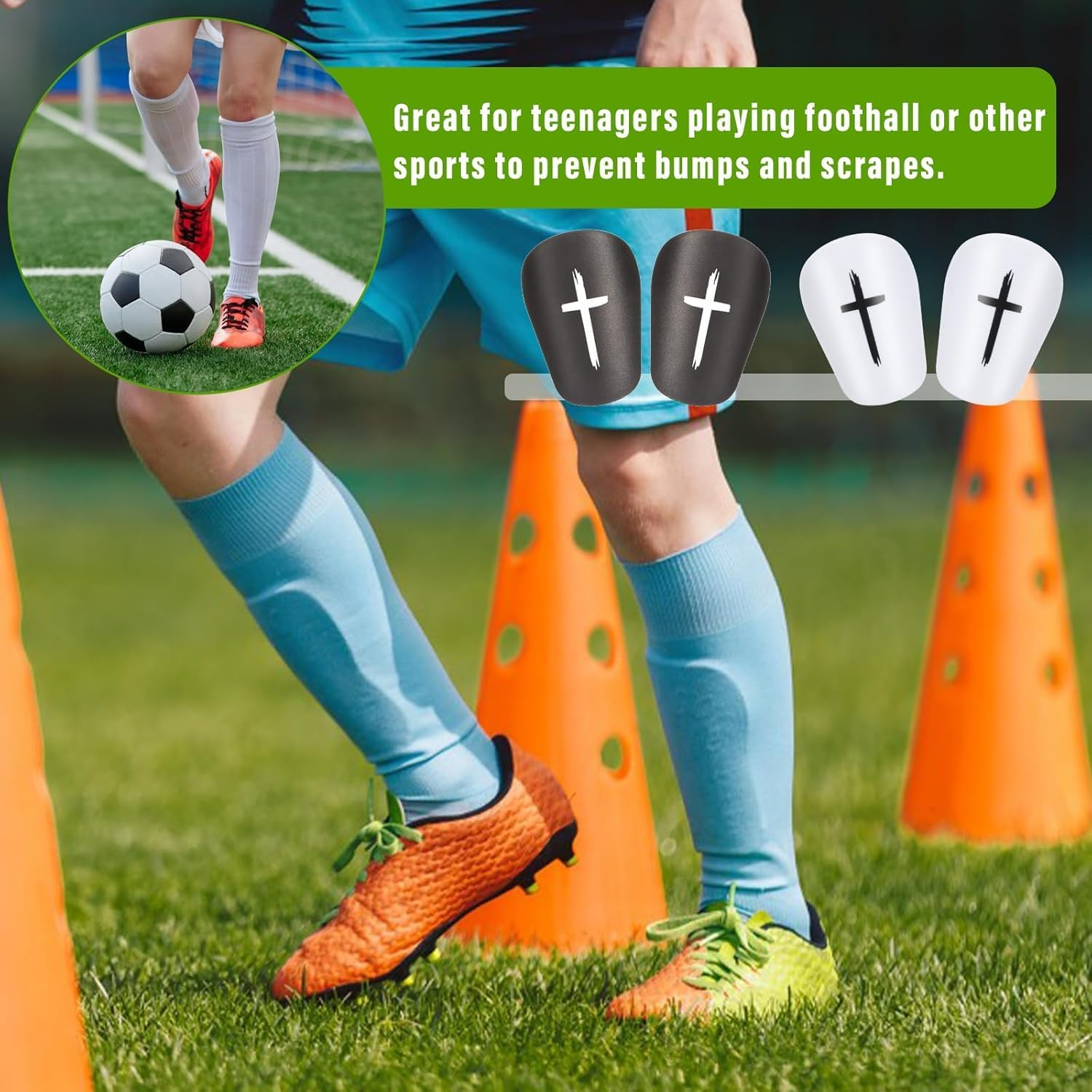 4Pcs Black and White Cross Protective Soccer Shin Pads ， Mini Football Shin Guards for Youth and Adults, Lightweight Comfortable Small Shin Pads, Durable Black and White Soccer Protective image number 6