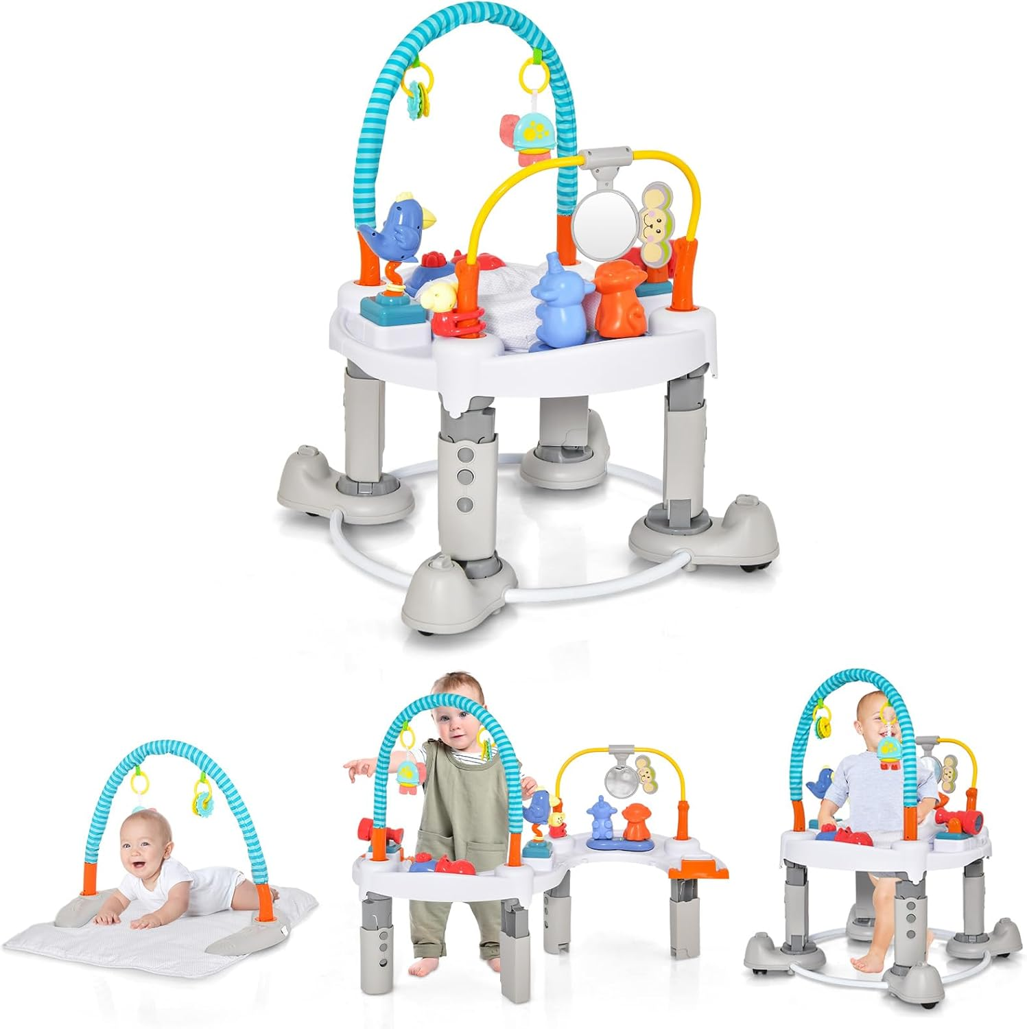 INFANS Baby Bouncer Activity Center, 5 in 1 Toddler Bouncing Activity Saucer Playtime Mat Activity Table with 360&deg;Rotating Seat, 3 Adjustable Height, Foldable Exersaucer Learning Walker (Light Grey)