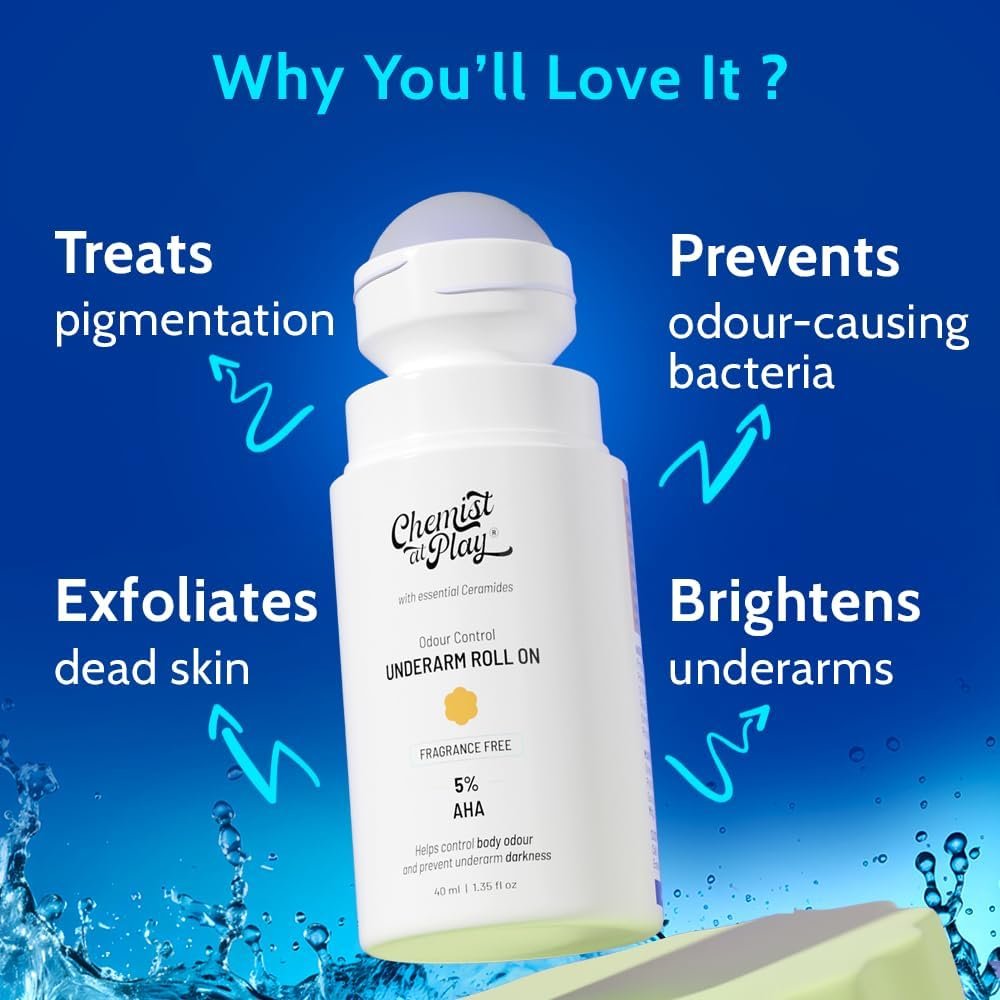 Chemist at Play Underarm Roll on with Lactic and Mandelic Acid, Removes Odour, Whitens and Brightens Skin, Kills Bacteria, Exfoliates Underarm, Long Lasting, for Women and Men, 40Ml (Fragrance Free) image number 3