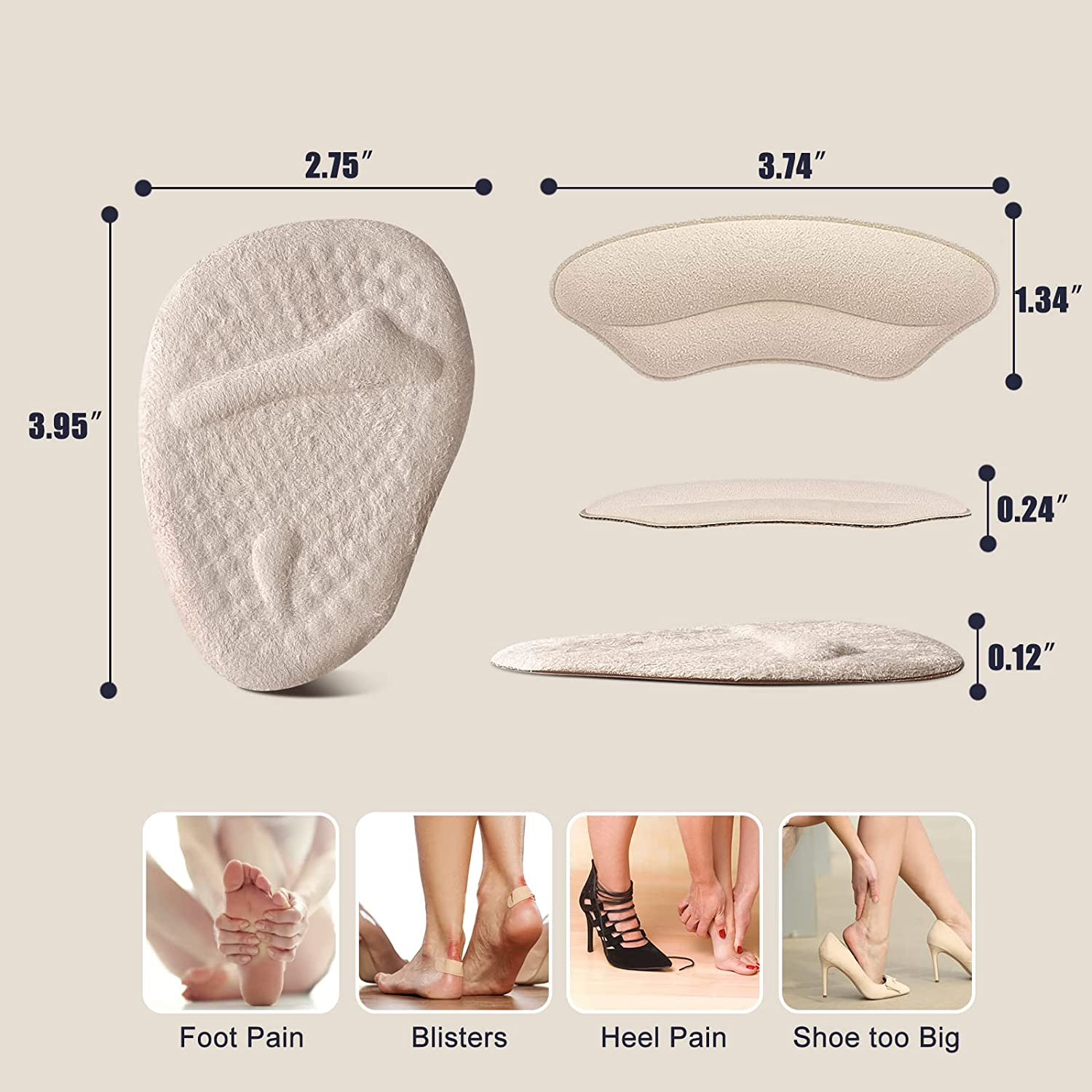 Riootlnm Metatarsal Pads, Ball of Foot Cushions, Heel Pads Inserts for Too Big Shoe, Reduce Foot Pain, No Slip Heel Grips Liners Shoe Pads for Loose Shoe, Blisters, Beige+Black, One Size image number 3