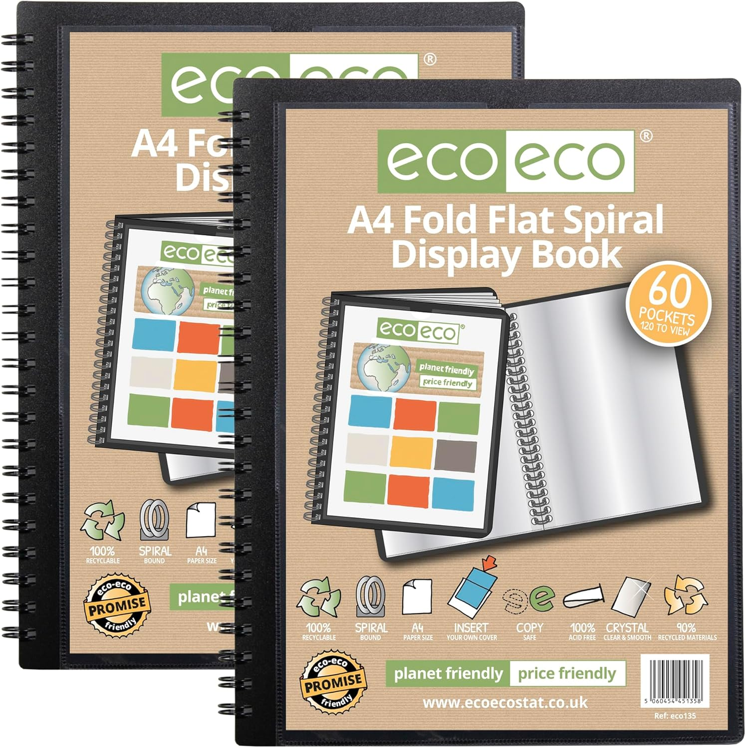 Eco-Eco A4 50% Recycled 60 Pocket Fold Flat Spiral Bound Display Book, Pack of 2, Eco135X2 image number 1