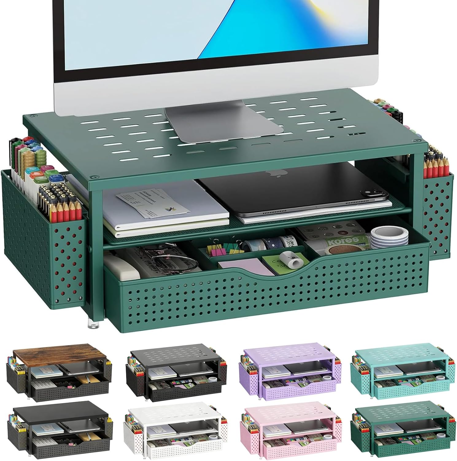 Gianotter Monitor Stand Riser, Desk Organizer with Drawer and Pen Holder, 2-Tier Computer Stand, Desk Accessories & Workspace Organizers(White)