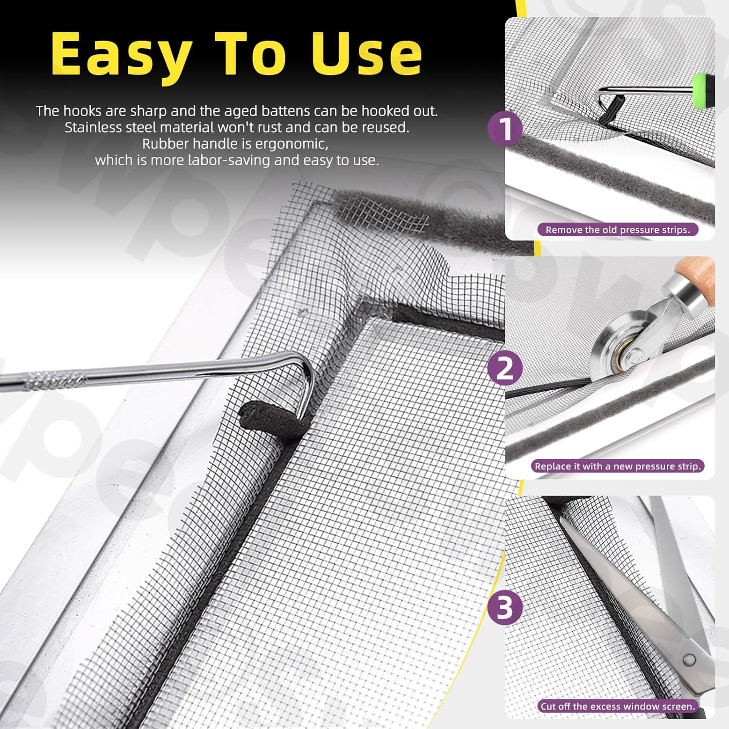 Swpeet 4Pcs Screen Repair Kit, Include Black Screen Mesh, Double Sided Screen Roller, Window Screen Hooks, Retainer Spline, for Replacing & Installing Door and Window Screens image number 5