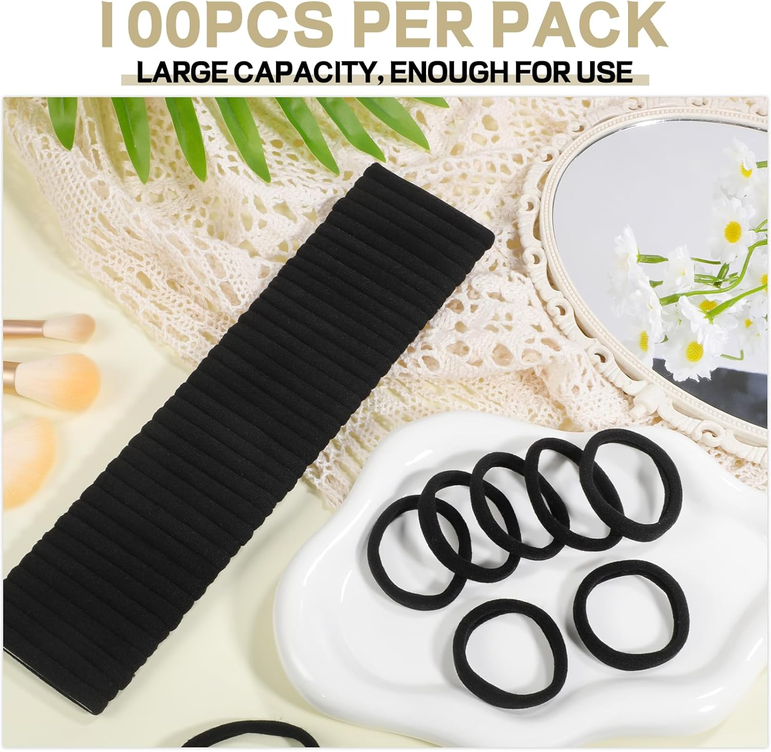 Obeoby 100PCS Black Hair Ties, Seamless Hair Ties Ponytail Holders Elastics Hair Accessories for Women Girls, 1.5 In image number 6
