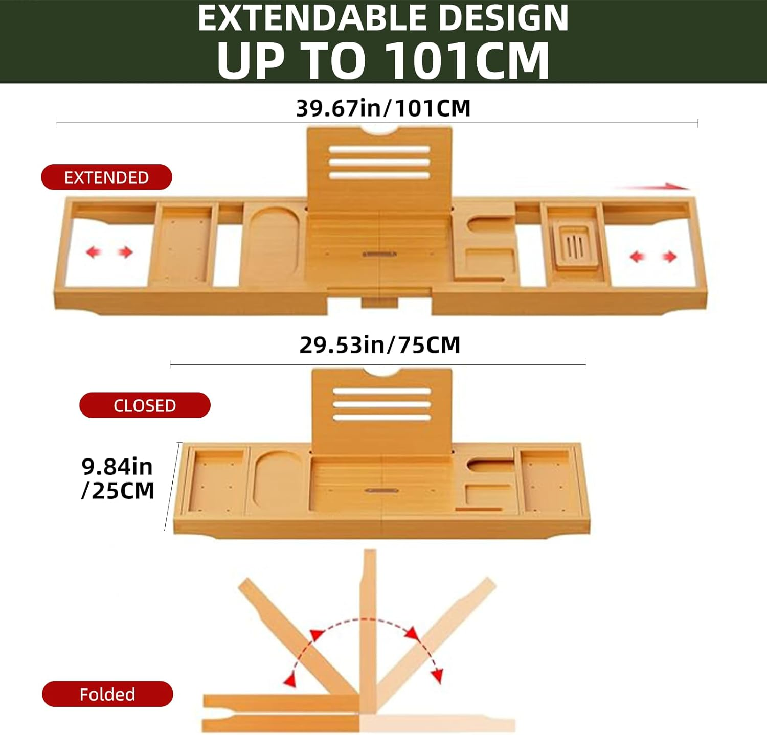 STEUGO Bamboo Expandable Bathtub Tray, Premium Bath Reading Tray for Tub, Books Caddy While Soaking, Tablets & Wine Glasses - Perfect Luxury Gifts for Anniversary and Wedding, Bathroom Accessories image number 2