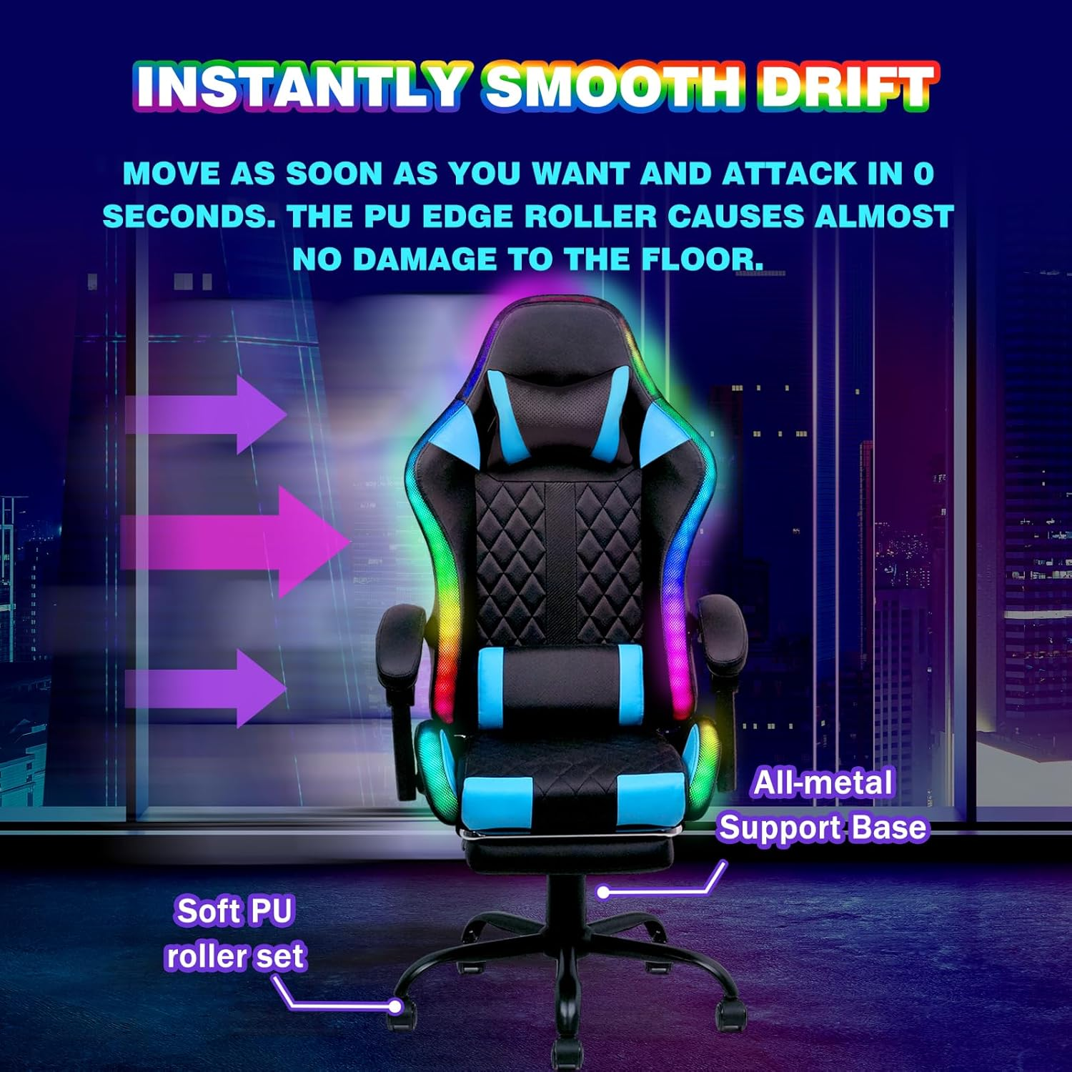Advwin Gaming Chair with Massagers and LED Lights, Executive Office Chair with 135&deg; Recline, Racing Computer Chair with Footrest, Lumbar Support, Adjustable Height and High Back (Black & Blue) image number 3