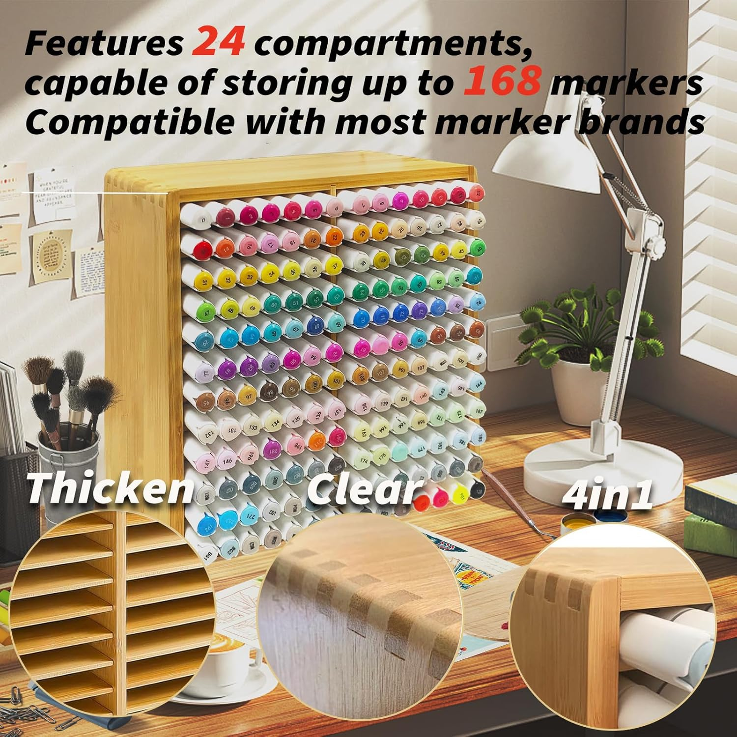 168 Markers Bamboo Marker Organizer, Desk Pencil Holder Markers - Art Marker Storage Rack with 24 Compartments, Vertical Marker Holder Shelf for Acrylic Paint Pens image number 2