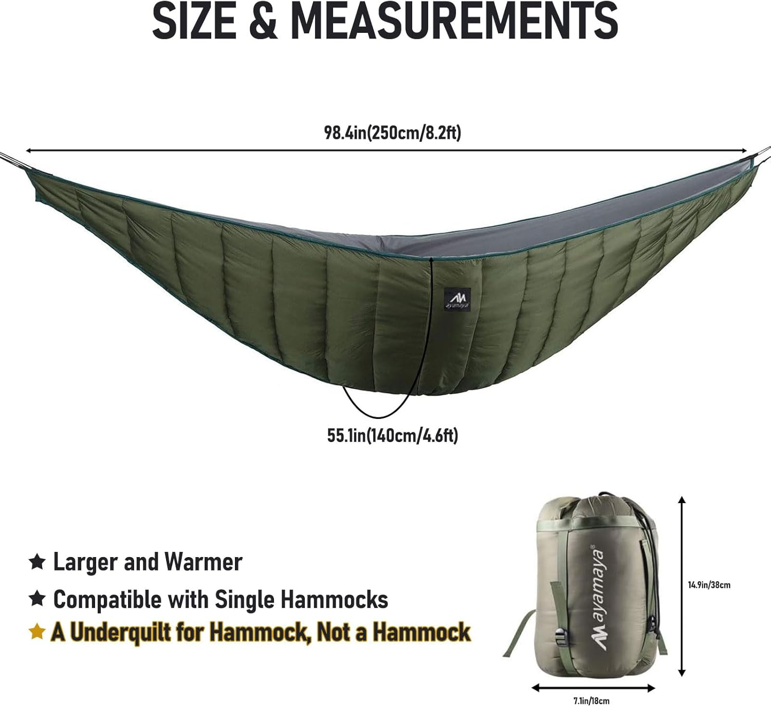 AYAMAYA Ultralight Hammock Underquilt for Camping Backpacking, 3 Season under Quilt UQ for Single Person Hammock Warm under Blanket Sleeping Bag Bottom Insulation - Hammock Camping Essential Gears