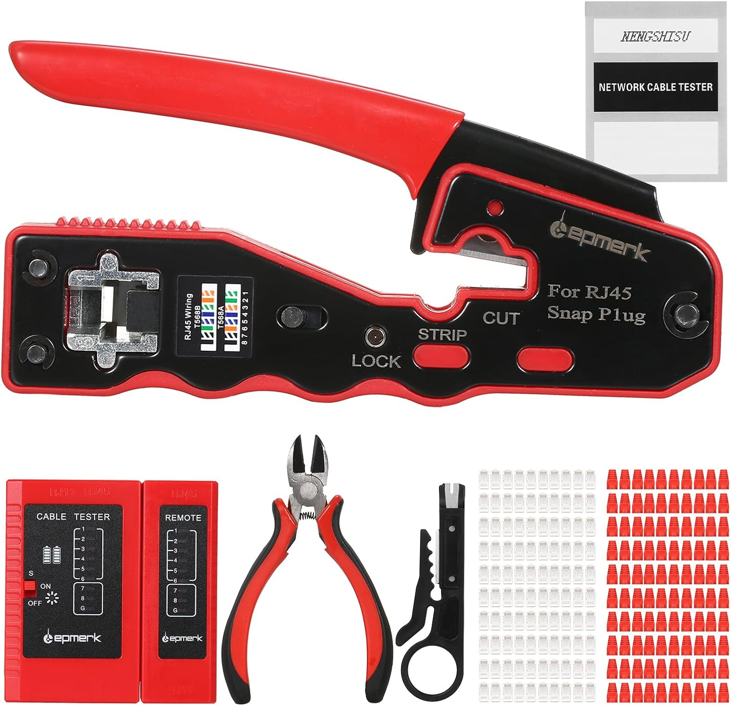 Rj45 Crimp Tool Kit,Rj45 Crimp Tool Kit All in One Pass through Crimping Tool for Cat5E Cat6 Cat6A Pass through Connector with 100Pcs Connectors 100Pcs Covers Network Cable Pliers Tester Blades image number 3