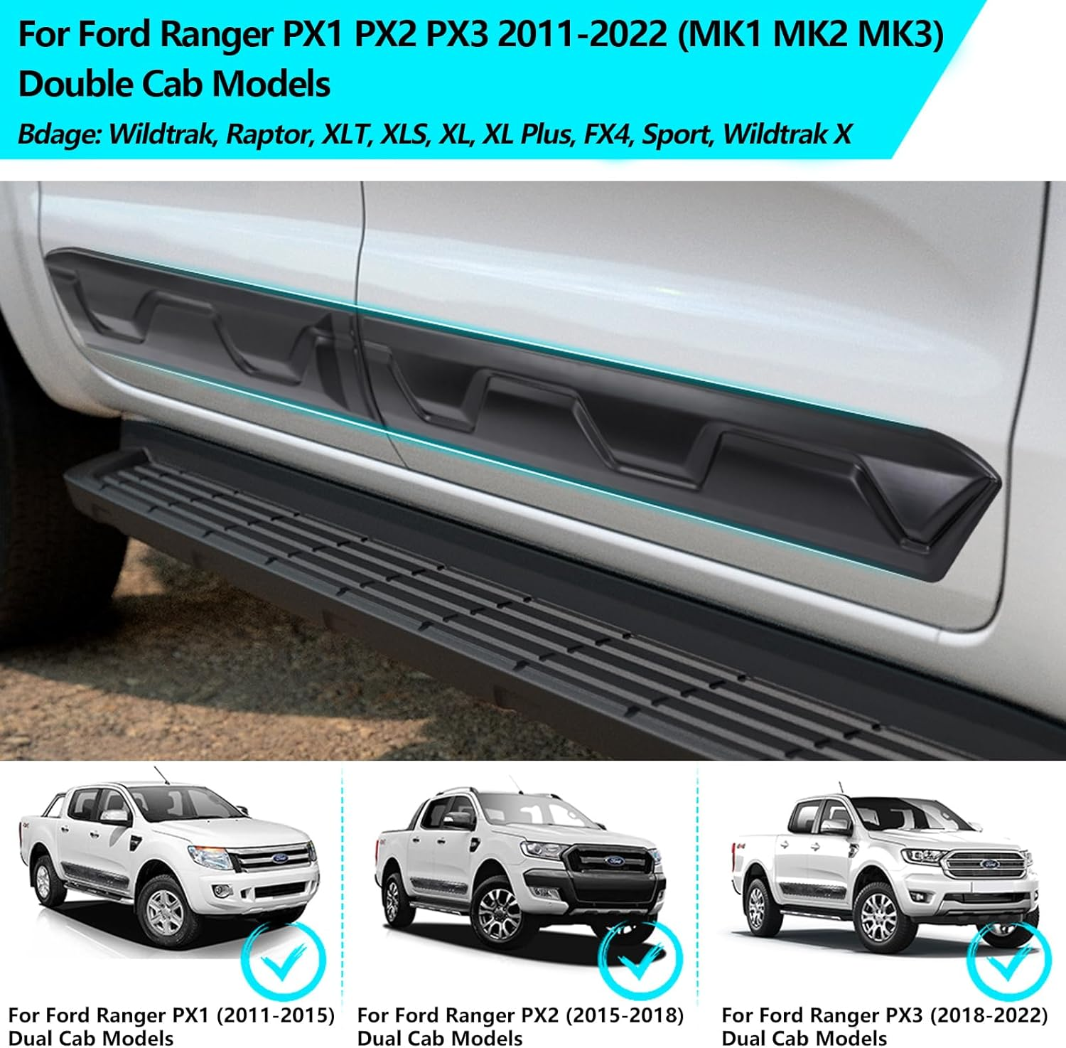 Door Body Cladding Moulding Trim for Ford Ranger 2011-2022 PX1 PX2 PX3 Double Cab Accessories, Car Exterior Side Door Body Molding Guard Protector Kit Trim, Matte Black 4PCS image number 1