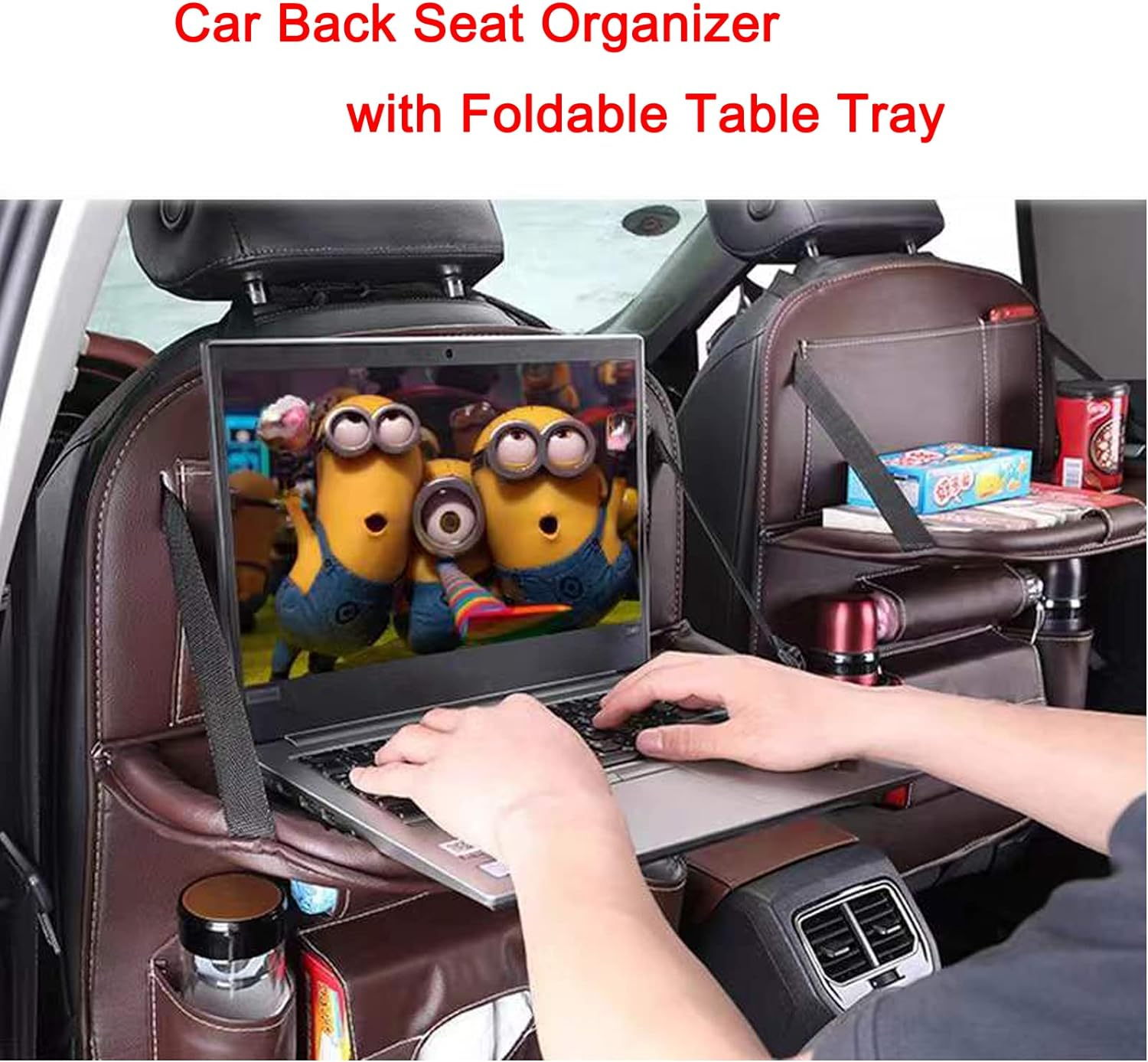Premium PU Leather Backseat Seat Organizer with Foldable Table, Multi-Storage Pockets and Adjustable Buckle Strap - Beige image number 2