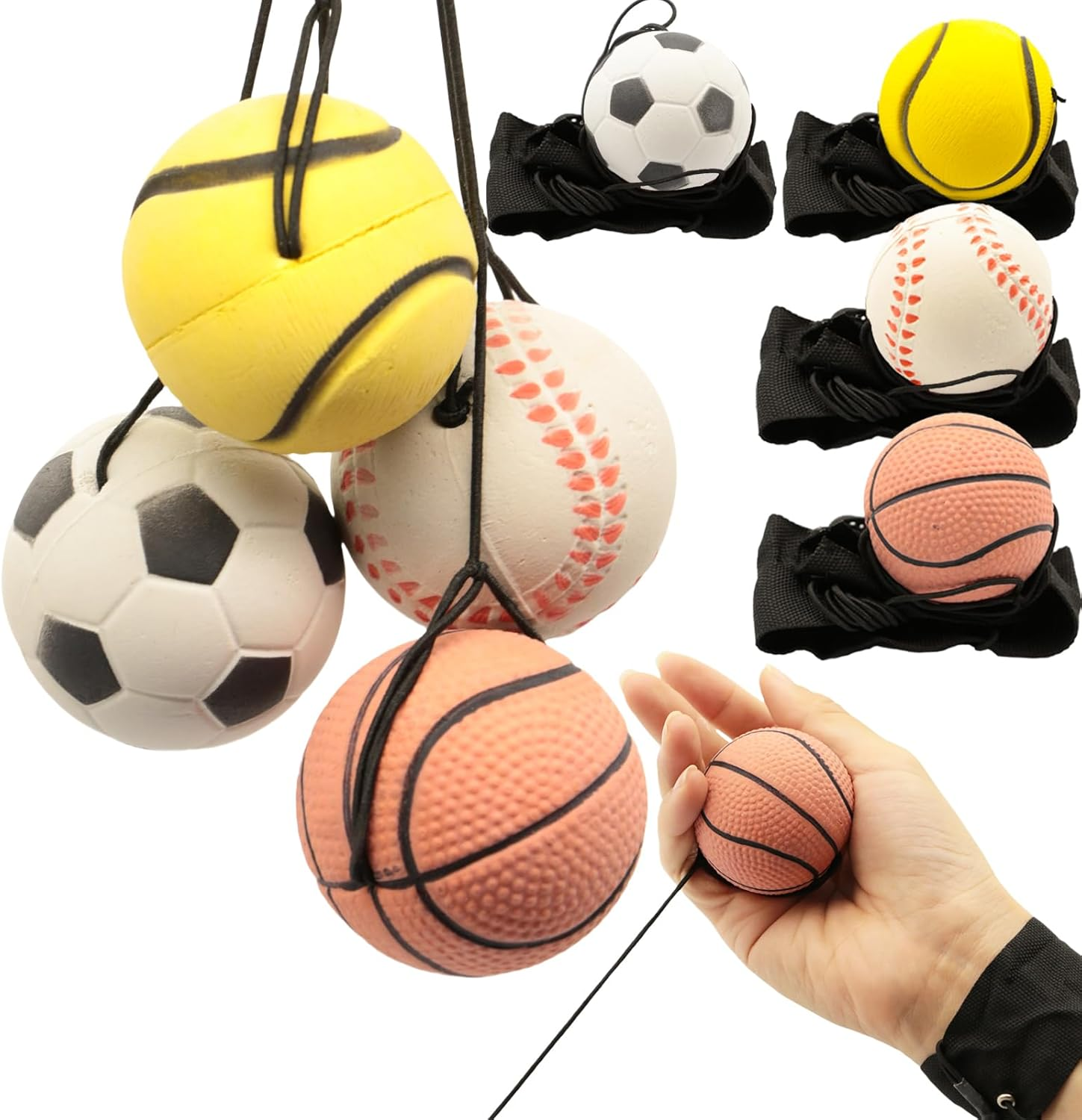 4 PCS Wrist Return Ball Set (Baseball, Soccer, Basketball, Tennis) 1.85 Inch Rubber Sports Ball with Adjustable Elastic String, 4 Balls per Set image number 5