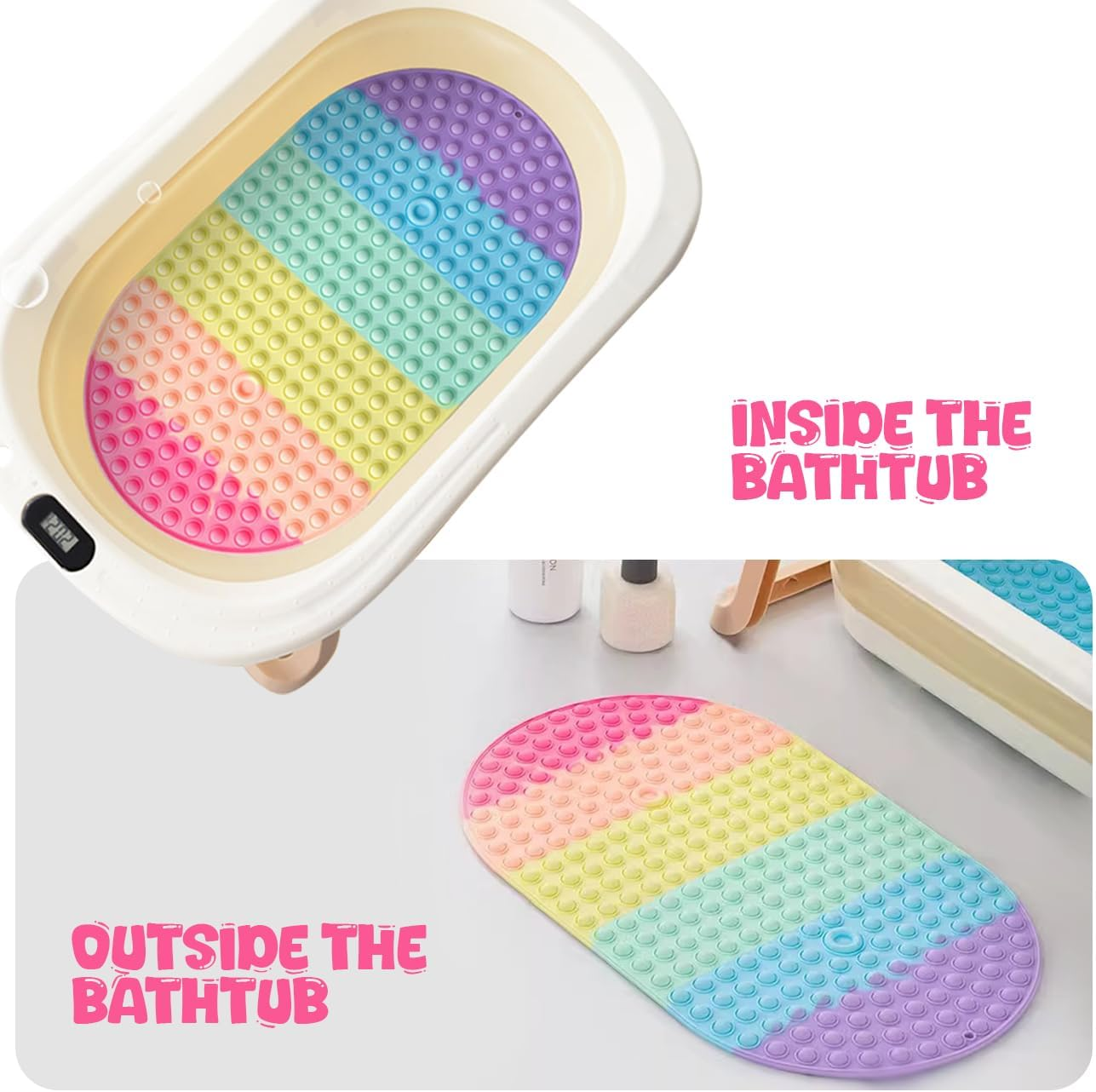 Non Slip Bath Mat for Tub,Oval Silicone Bath Mats for Boys & Girls,27 X 15 Inches Bathtub Mat with Push Pop Bubbles,Machine Washable Shower Mat for Bathroom/Wet Floor/All Ages,Colourful image number 6