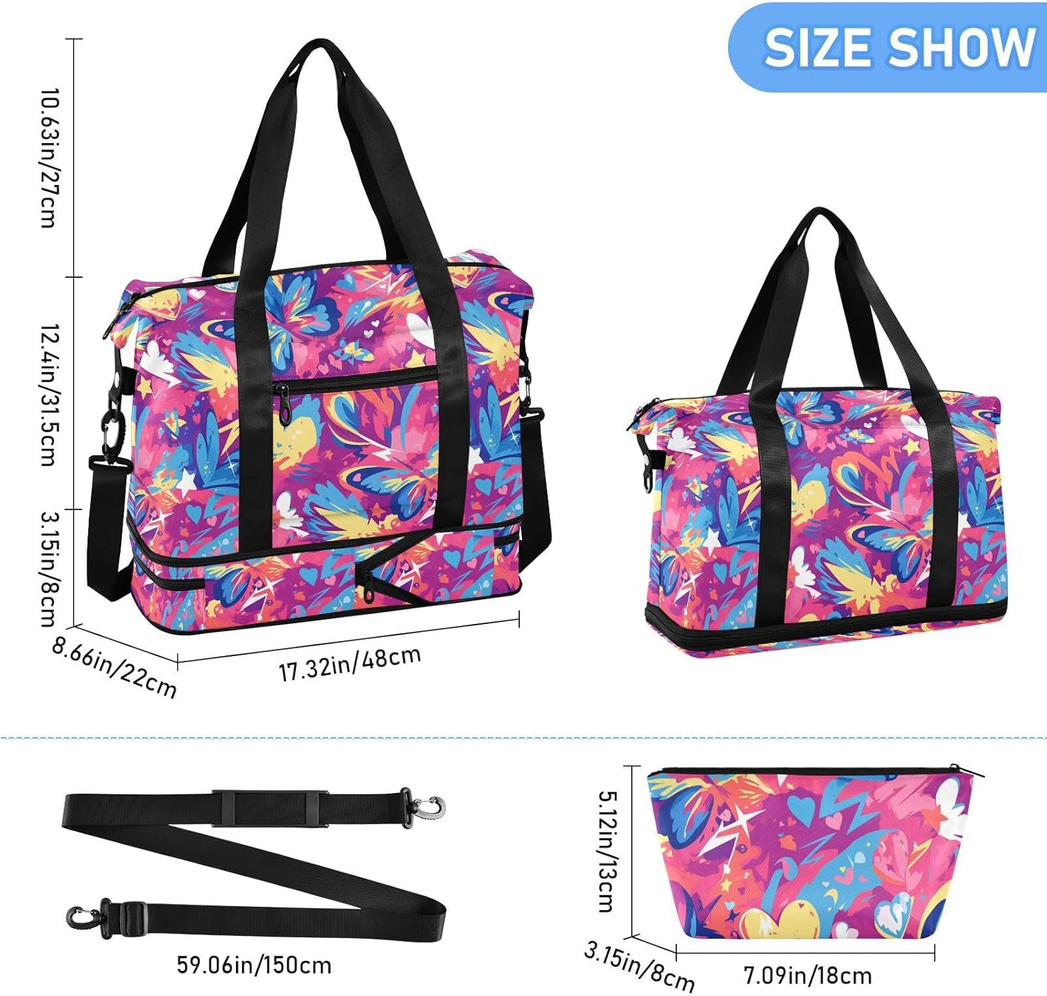 Graffiti Artwork Butterflies Hearts Purple Large Bags Weekender Duffel Bag Tote Bag with Adjustable Strap for Travel 2 Pcs Set, Graffiti Artwork Butterflies Hearts Purple, 1 Size image number 6