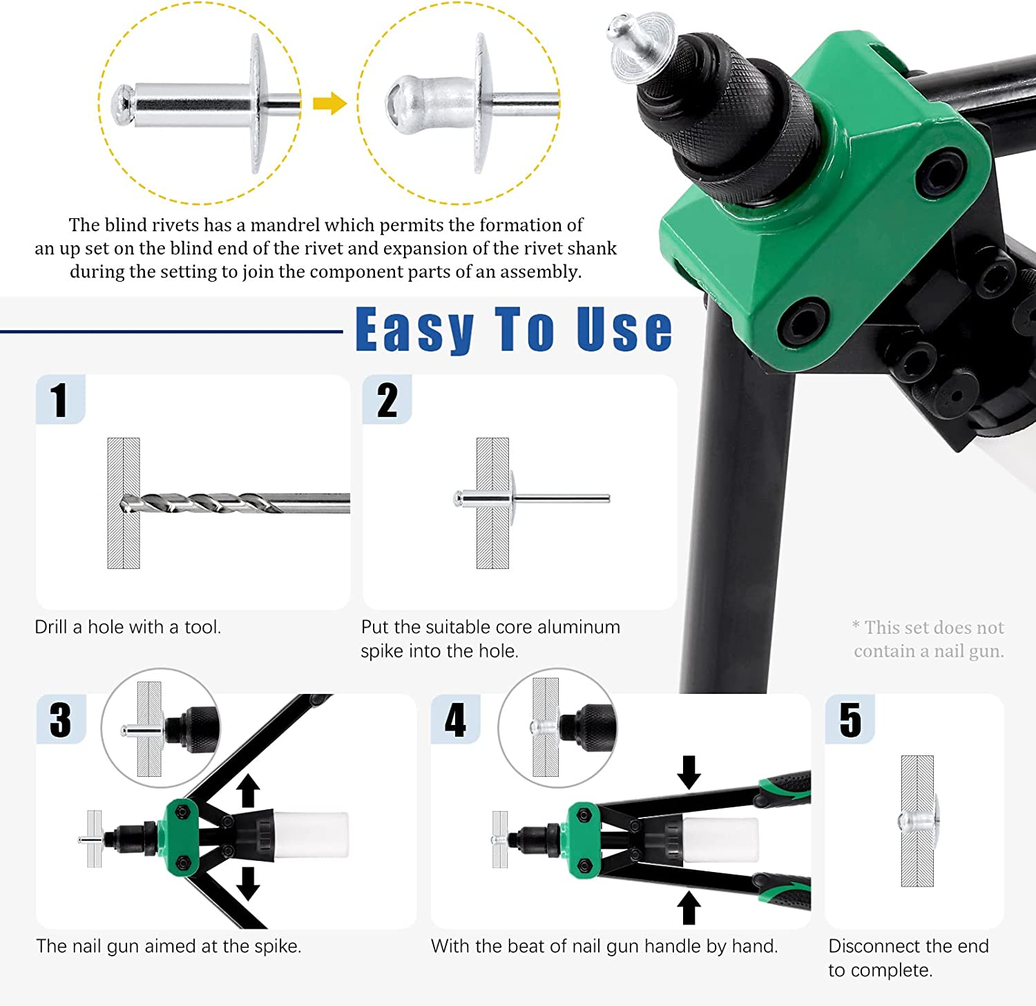 Glarks 125Pcs 5 Sizes Large Flange Aluminum Blind Rivets Pop Rivets Assortment Set for Joining Metal Plate Pipe Automotive image number 3