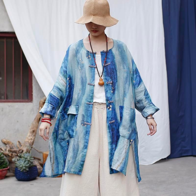 Bohemian Summer Linen Blend Shirt Dress Loose Fit Long Tunic Top with round Neck image number 3