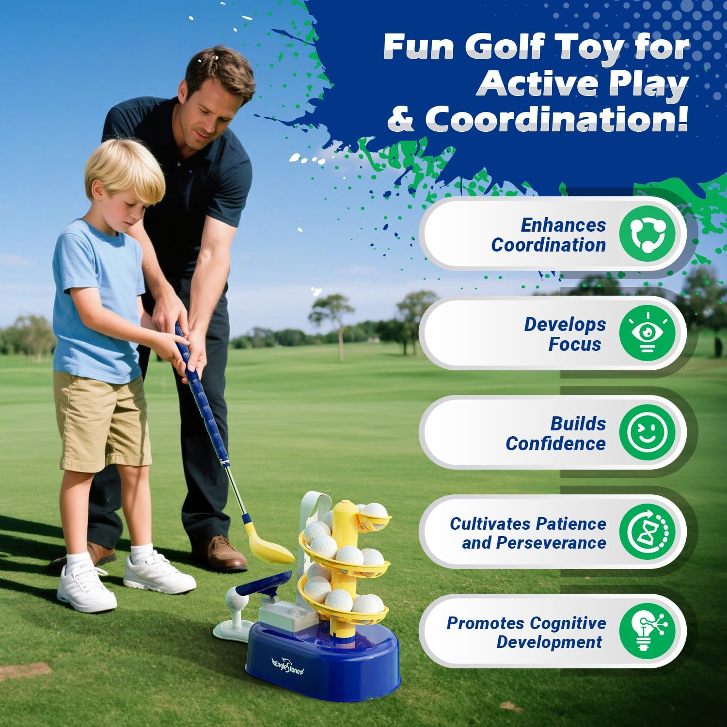 Eagle Stone Kids Golf Toys Set Outdoor Lawn Sport Toy with 15Pcs Training Golf Balls & Clubs Equipment, Indoor Exercise Game, Portable outside Yard Active Gifts for 3 4 5 6 7 8 Year Olds Boys Girls