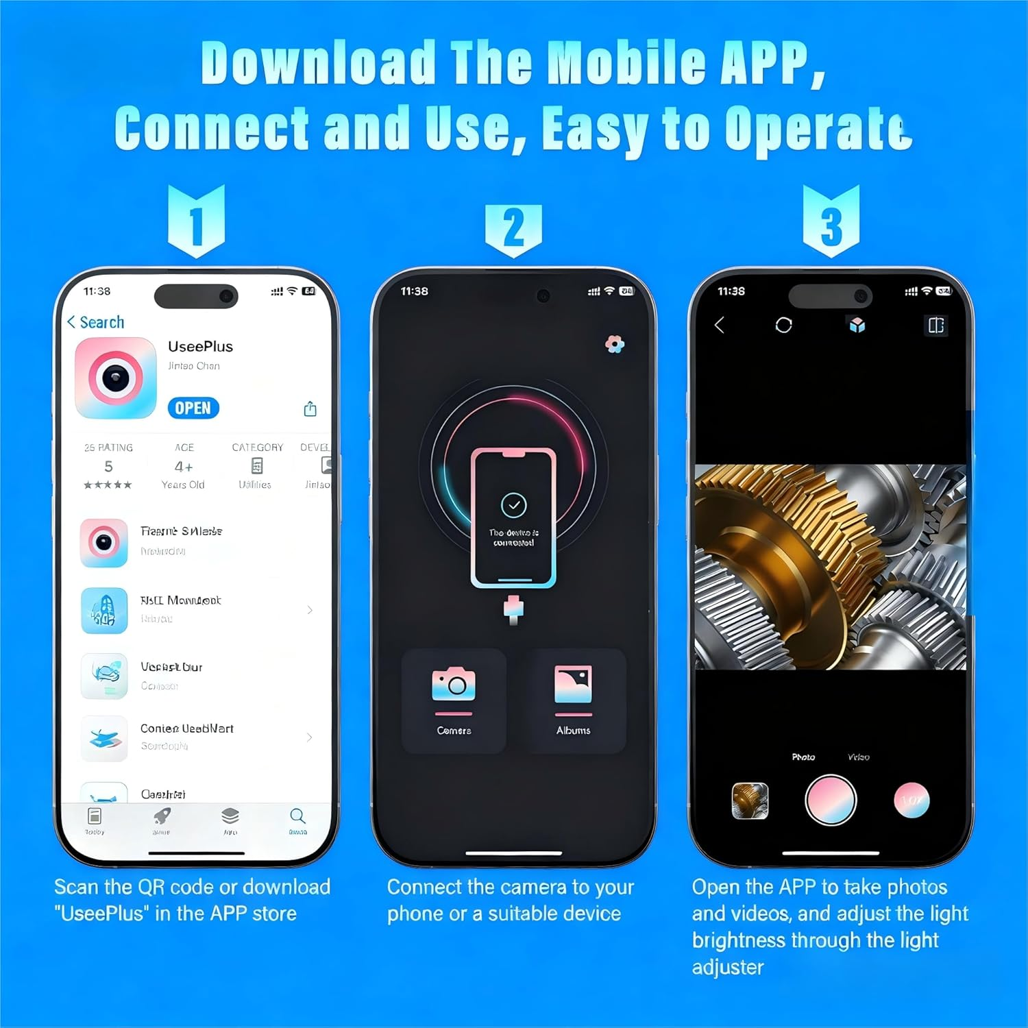 Endoscope Camera with Light, Dual-Lens 1920P HD Borescope with 8 Adjustable LED Lights, IPX68 Waterproof Boroscope Inspection Tools, 5M Semi-Rigid Snake Camera for Ios & Android image number 6