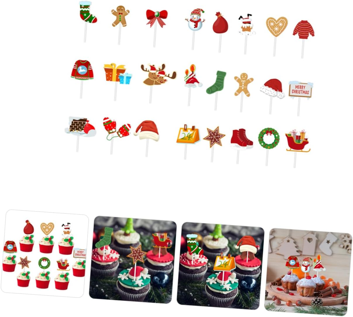 Merry Christmas Themed Cake Decorations Set 2 Pack 24Pcs Cupcake Topper Snowman Reindeer Cupcake Picks Cake Ornaments image number 6
