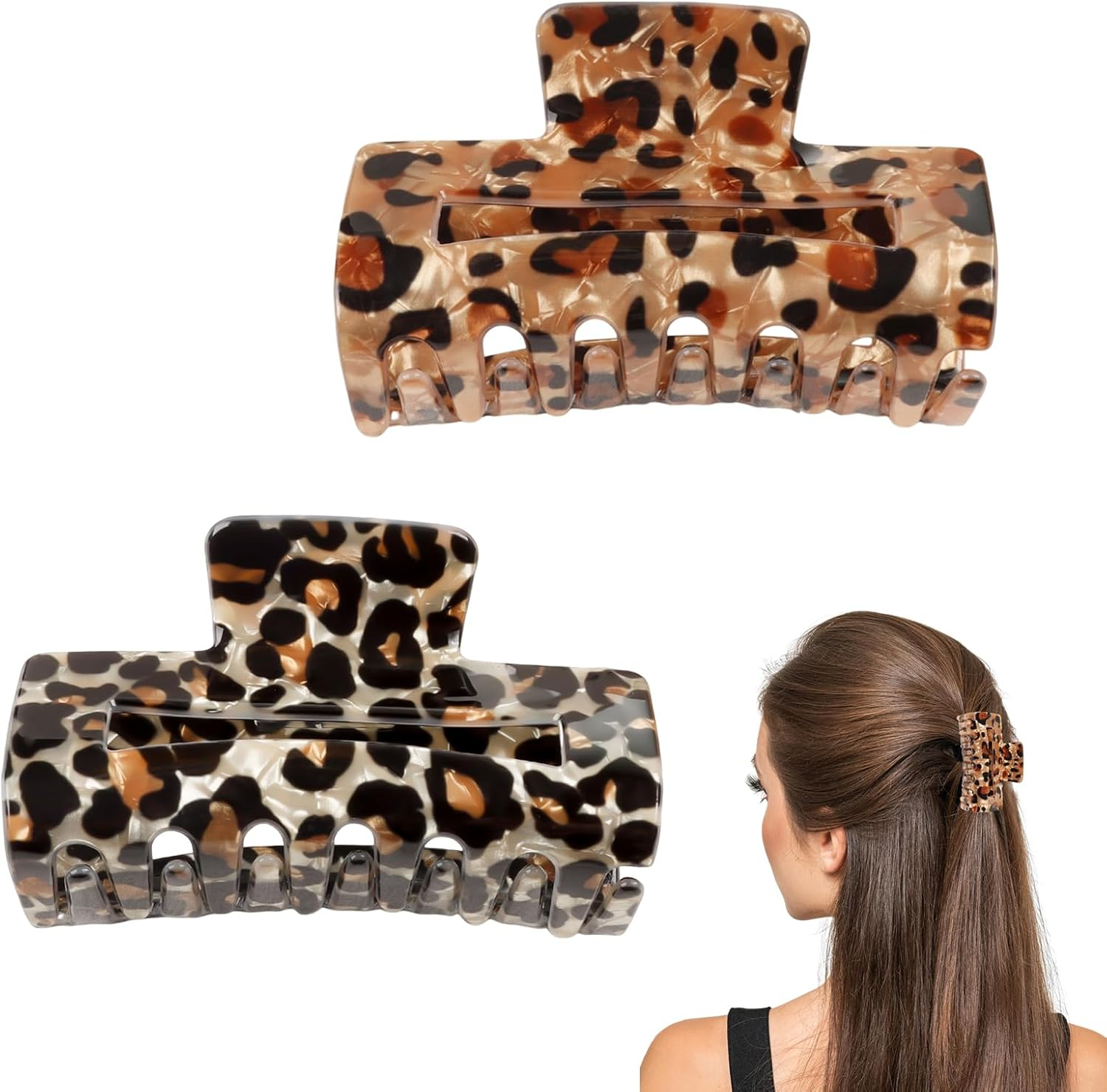 Falafoty Square Medium Hair Claw Clips for Thick Fine Hair, Tortoise French Hair Jaw Clips,Strong Hold Leopard Rectangle Claw Hair Clips Daily Commuter Hair Styling Accessories for Women Girls (2) image number 2