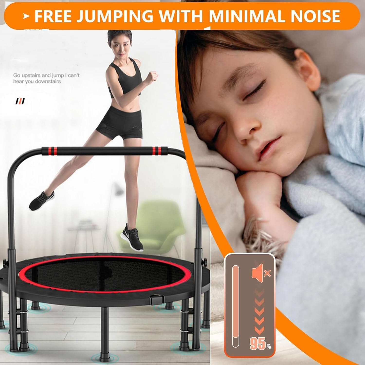 48" Foldable Mini Trampoline with Adjustable Non-Slip Handle Bar, Thick Steel Spring Fitness Exercise Workout Rebounder Trampoline for Adults Kids Indoor Outdoor Workouts Fitness up to 300Kg image number 5