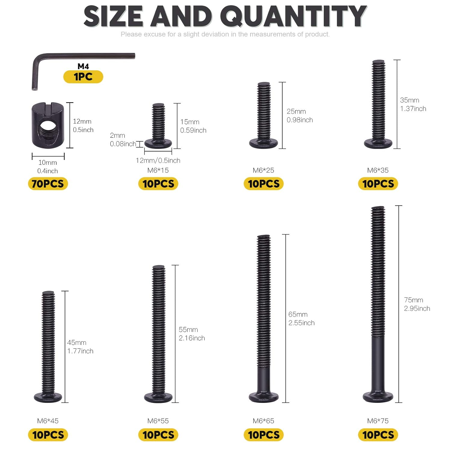 140Pcs M6 Crib Screws Hardware Replacement Kit Black Hex Socket Cap Bolts Crib Bolts and Barrel Nuts Cross Dowel Assortment Kit M6X15/25/35/45/55/65/75Mm for Furniture image number 3