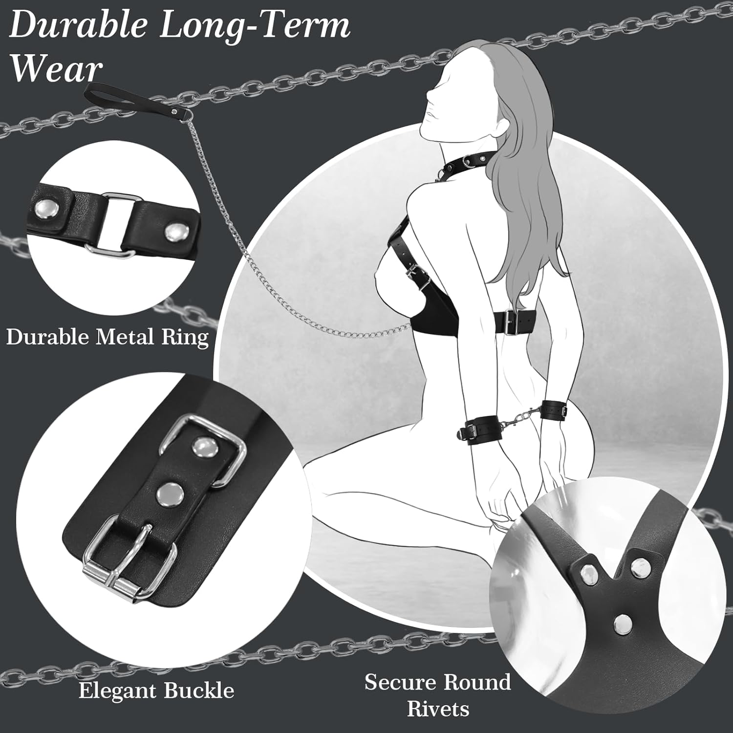 Bondage Sex Breast Restraints Set Sex Toy for Couples Adult Sex Toys with Dual-Layer PU Leather Harness Collars with Traction Chain Handcuffs Bondage Gear Accessories image number 2