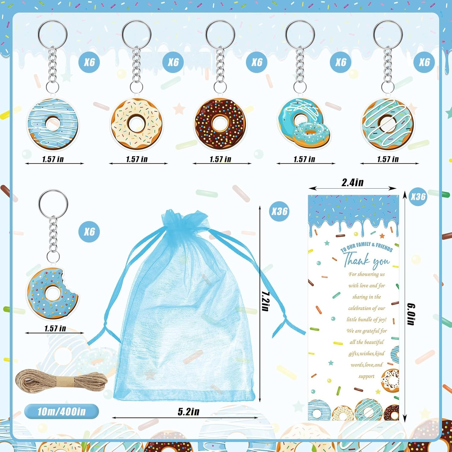 145 Pieces Donut Baby Shower Favors for Guest Sprinkled with Love Ballpoint Pens and Keychains Gifts for Boys Bulk Retractable Baby Shower Pens Gender Reveal Thank You Cards Souvenirs Prizes image number 2
