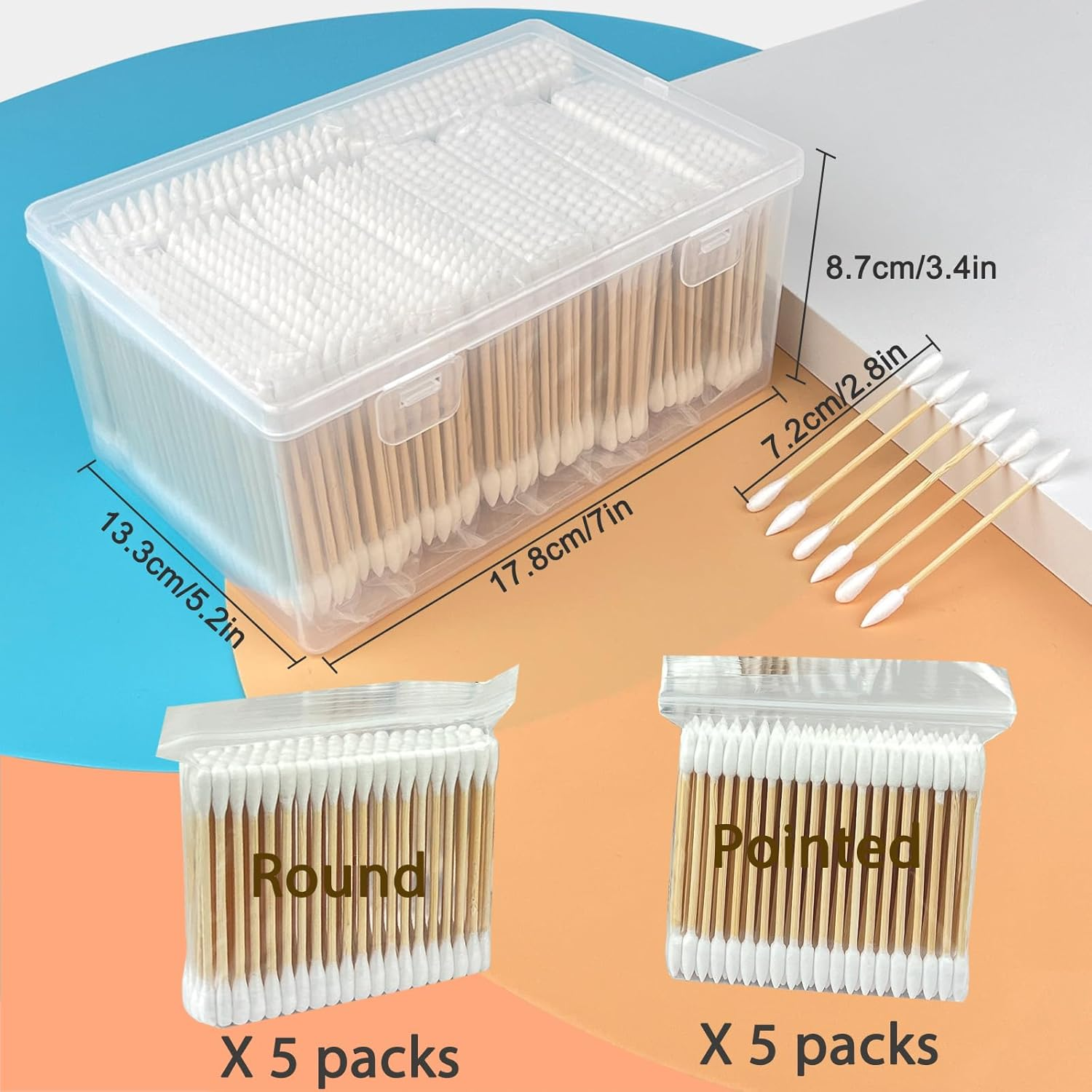 1000-Pack Bamboo Cotton Swabs Bulk (5X100 round + 5X100 Pointed Tips) - Biodegradable Double Ended Swabs for Gun Cleaning, Pet Ear Care, Makeup & Electronics - Hypoallergenic & Lint-Free image number 3