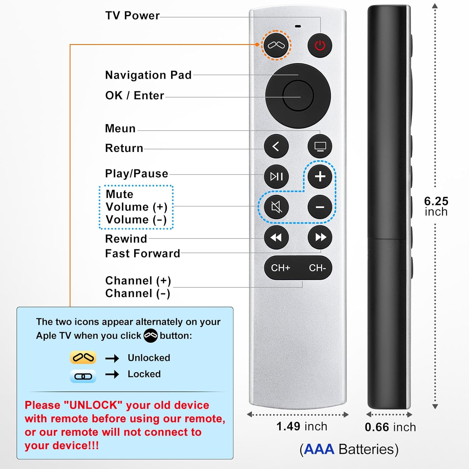 Replacement for Apple-4K-Tv-Remote-Control, Universal Siri-Remote Control for Apple TV 4K/HD (NO Siri and Voice) image number 4