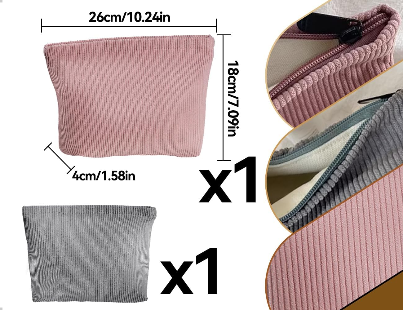 Emezddo Pack of 2 Cosmetic Bags, Portable Corduroy Women Girls Makeup Bag, Small Travel Make up Bag with Zip, Used for Travel, Home, Office, Skincare (Grey and Pink) image number 6