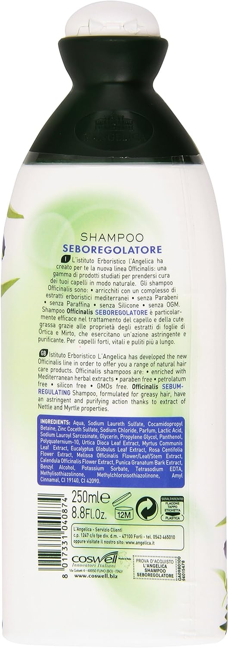 L'Angelica:"Officinalis" Shampoo Sebum - Regulating with Nettle and Myrtle * 250Ml - 8.45Fl.Oz * [ Italian Import ]