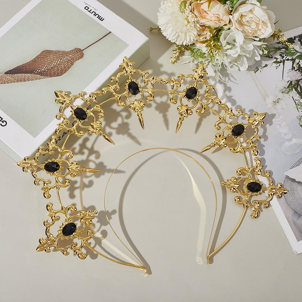 CABODYALS Gold Crown Style Halo Headband Crystal Golden Goddess Tiara Royal Princess Fairy Hair Decoration Accessories Plastic Hairbands for Women Wedding Halloween Bride Festival Party Performance image number 4