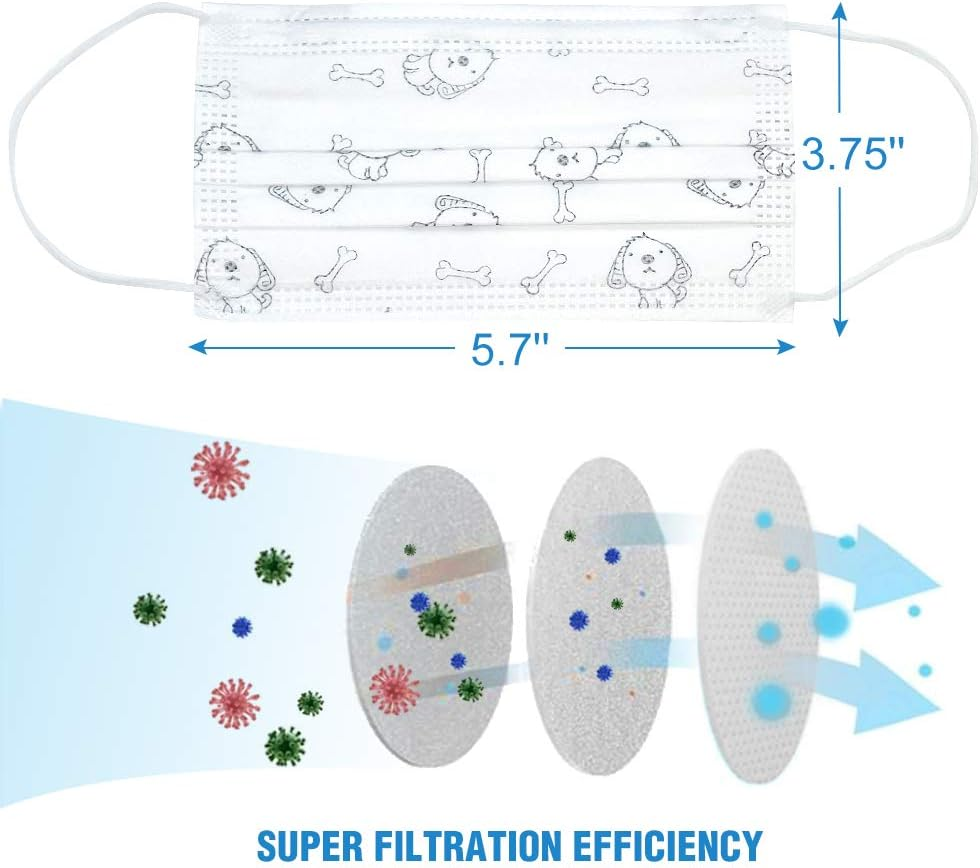 Childrens Disposable Face Mask - Flyaudio 50Pcs 3 Ply Face Mask for Kids with Earloops, Breathable Comfortable, Soft on Skin, Perfect Size Mask for Boys & Girls, White Dog image number 2