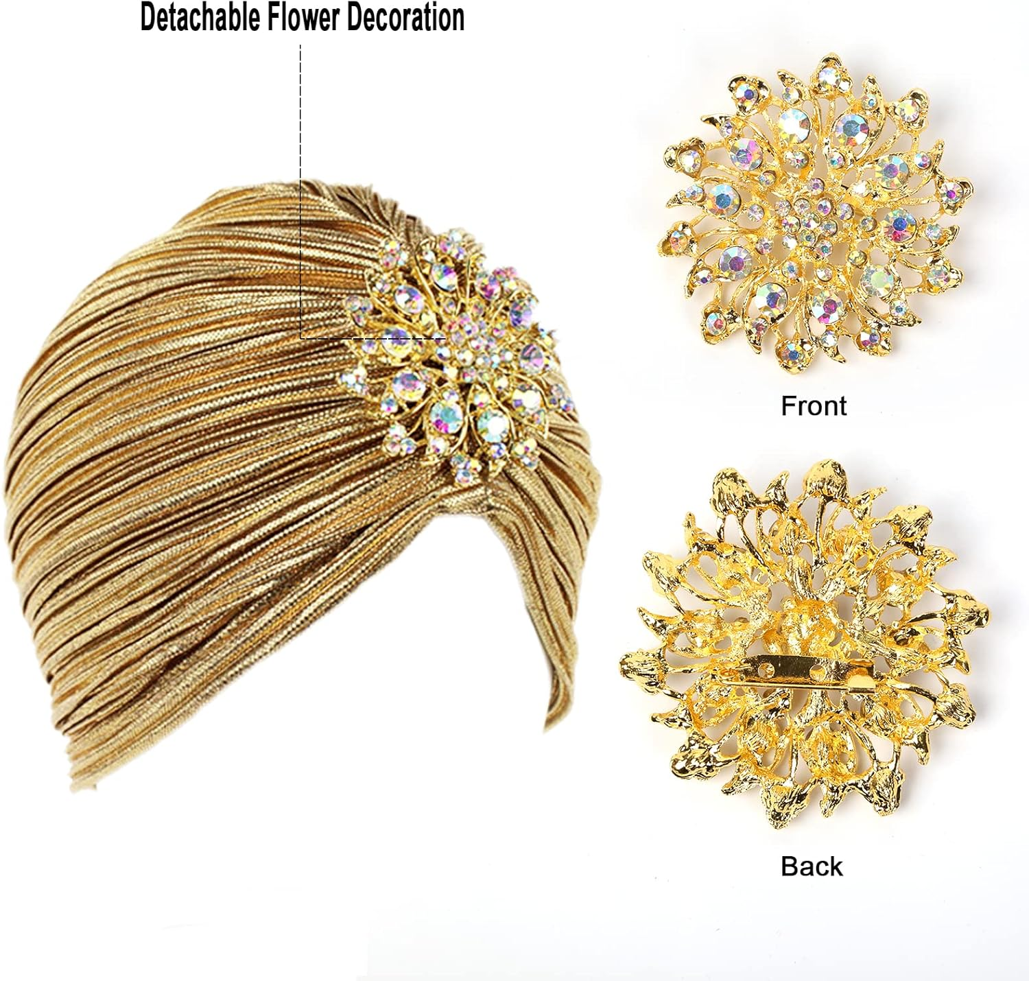 Women Vintage Turban Hat with Rhinestones Flower Decoration Beanie Cap Headwrap for 1920S Gatsby Costume Cocktail Party