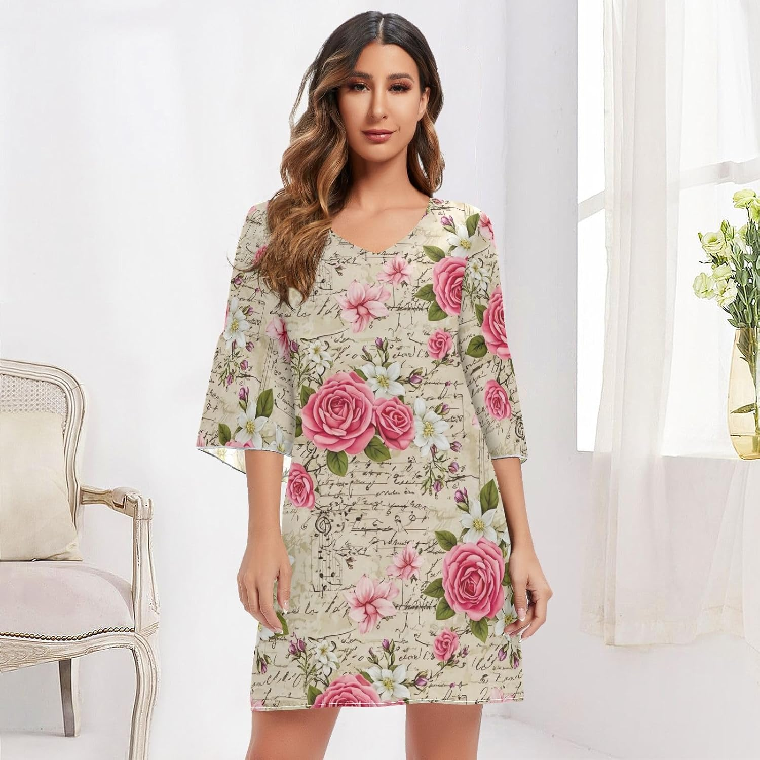 Vintage Pink Flowers Chiffon Dress 3/4 Sleeve Maternity Dress Party image number 2