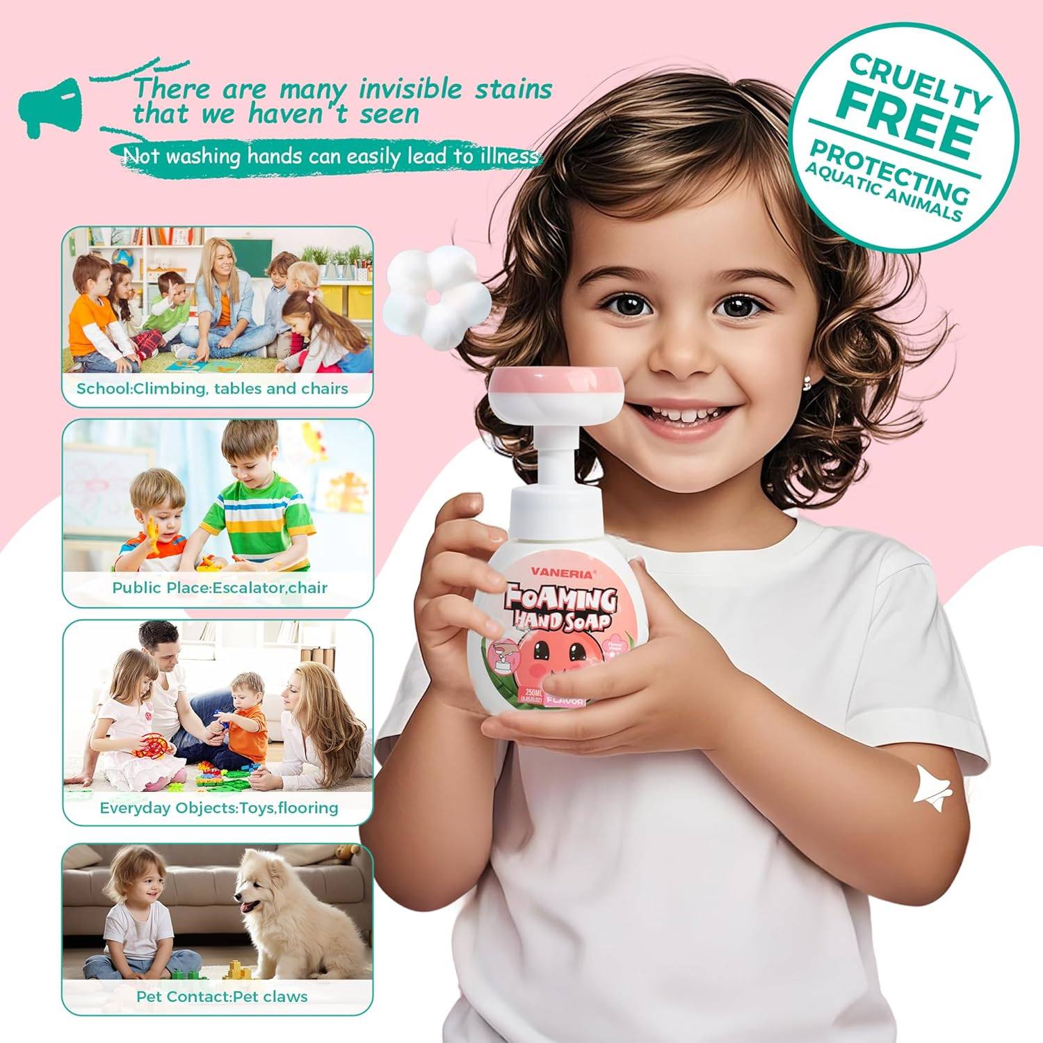 VANERIA Kids Foaming Hand Soap,Flower Stamp,Moisturizing and Gentle Hand Soap for Baby,Kids and Adults with Sensitive Skin 250Ml/8.45 Fl Oz image number 3