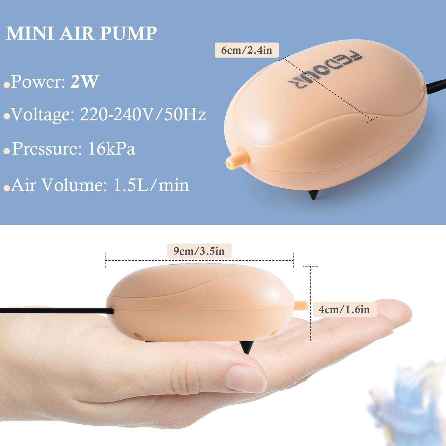 FEDOUR Mini Aquarium Air Pump, Quiet Fish Tank Oxygen Pump with Single Outlet, Aquarium Air Bubbler with Complete Accessories for up to 75L Fish Tanks, Betta Tanks, Shrimp Tanks image number 5