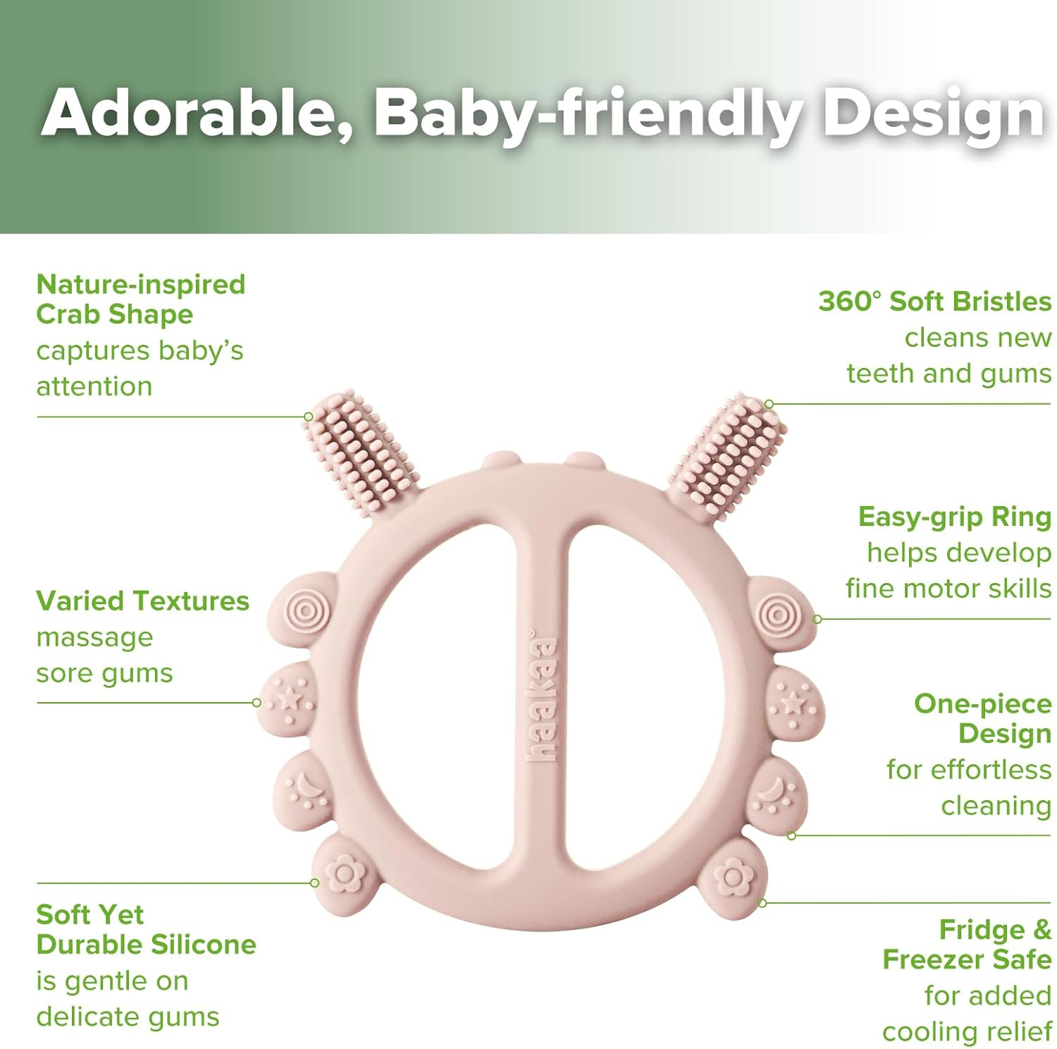 Haakaa Silicone Crab Baby Teether,Teething Toys,360&deg; Baby Toothbrush Head for Infant Self-Brushing Training,Food-Grade Silicone,Steel, Blush