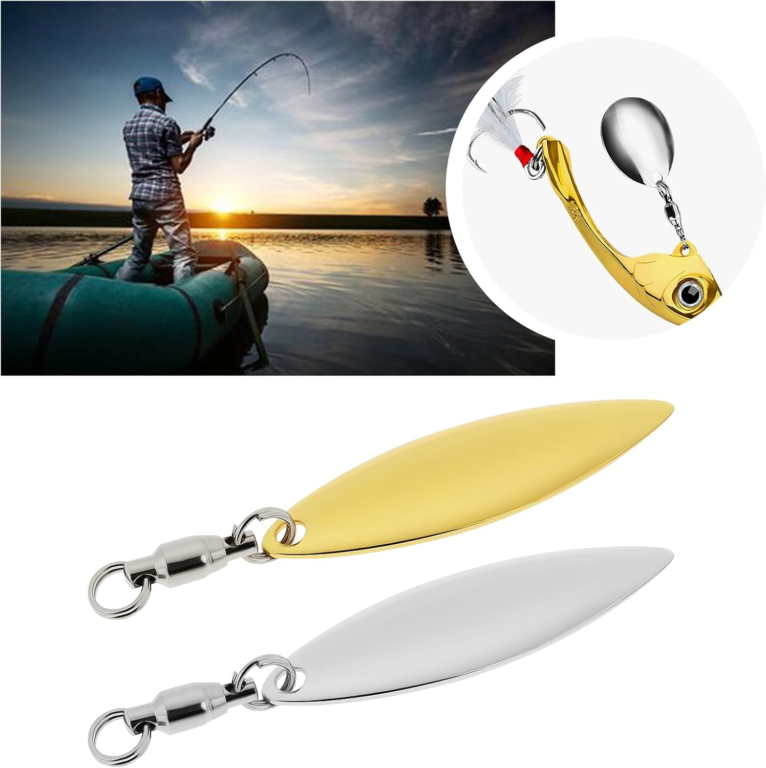 LT Easiyl 25PCS Fishing Tail Spinner with Ball Bearing Swivel Willow Leaf and Water Drop DIY Fishing Lures Accessories 32X10Mm 25X8Mm 18X14Mm Gold Silver image number 2