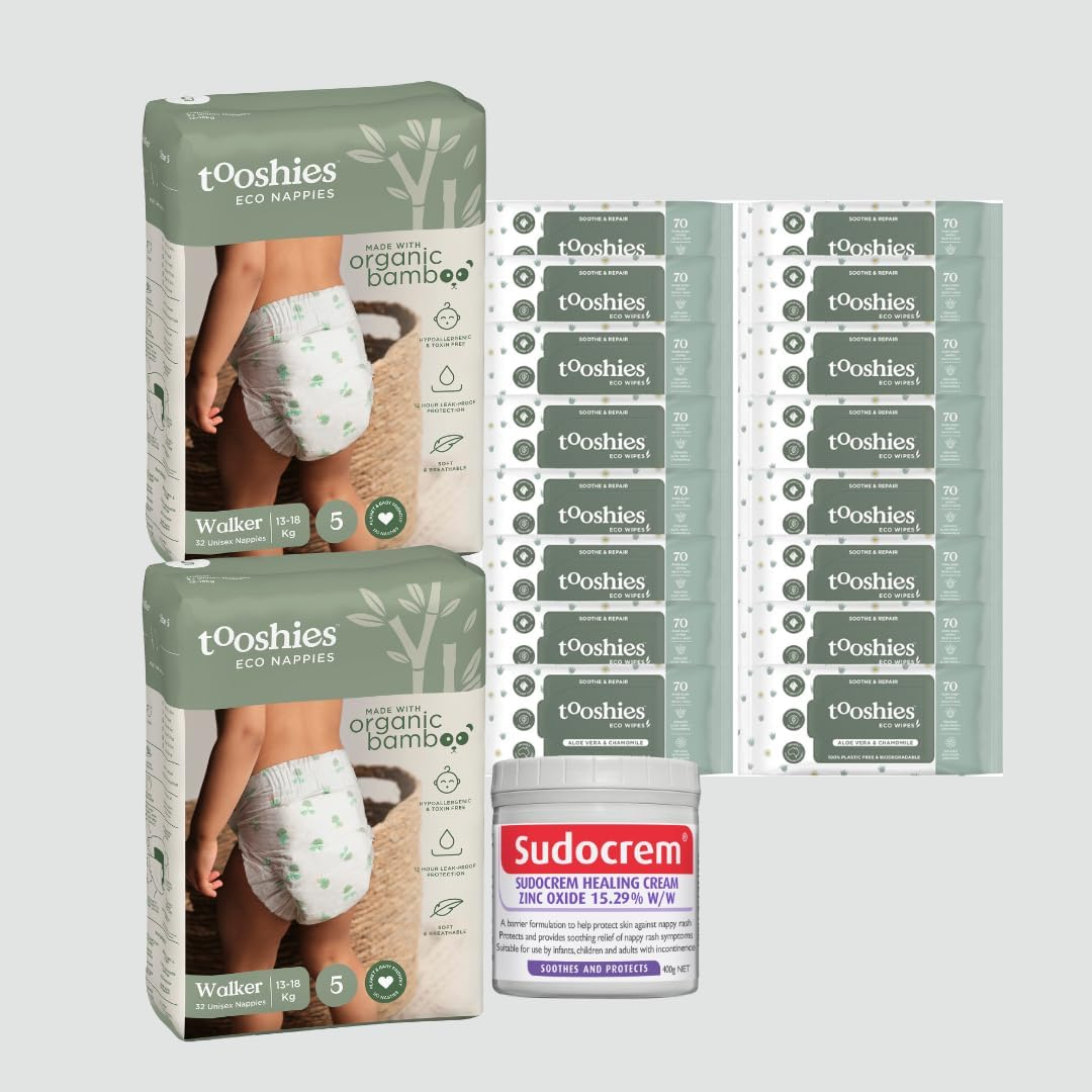 Tooshies ECO NAPPIES SIZE 5 WALKER 13-18KG, 64 Count White + Tooshies Aloe Vera & Chamomile Eco Wipes, Pack of 1120 (16X70 Packs) + Sudocrem Healing Cream 400G