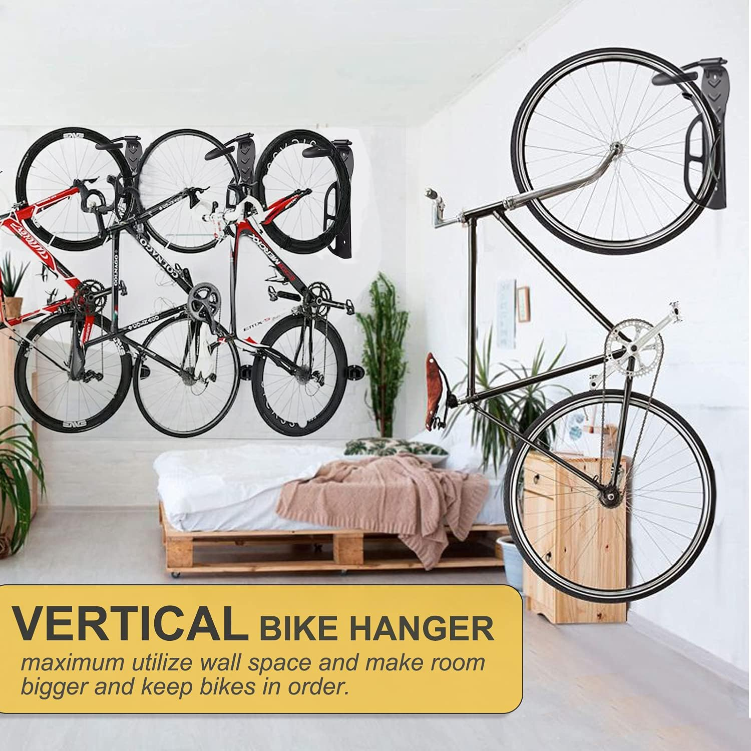 Bike Rack for Garage Wall Mount 4 Pack Vertical Bike Hooks Bicycle Hanging Hooks for Indoor Storage with Non-Reversible Hooks image number 6