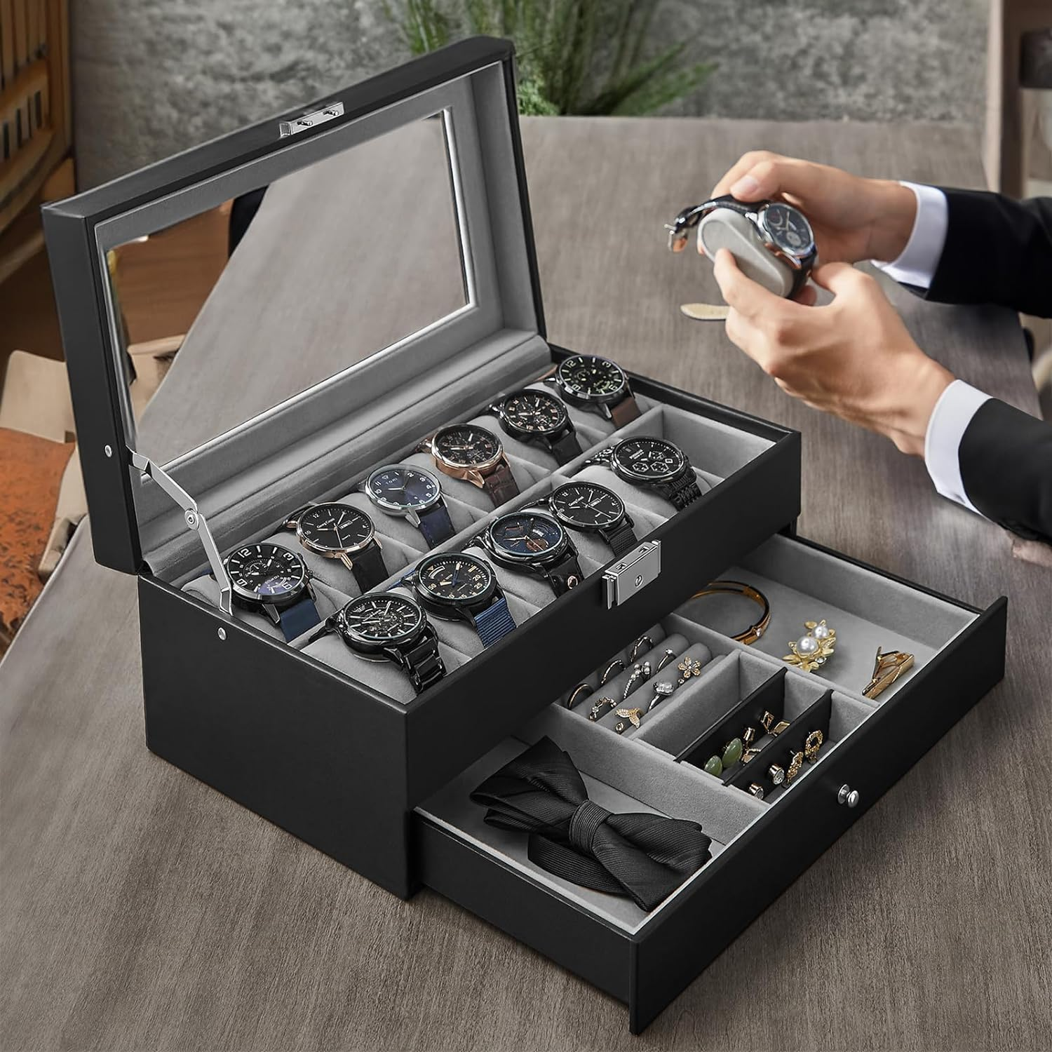LIAN Watch Box 12-Slot Watch Box Jewelry Box Organizer for Men 2 Layers with 1 Drawer for Rings, Glasses,Jewelry,Necklace Black Perfect Birthday Gifts image number 5