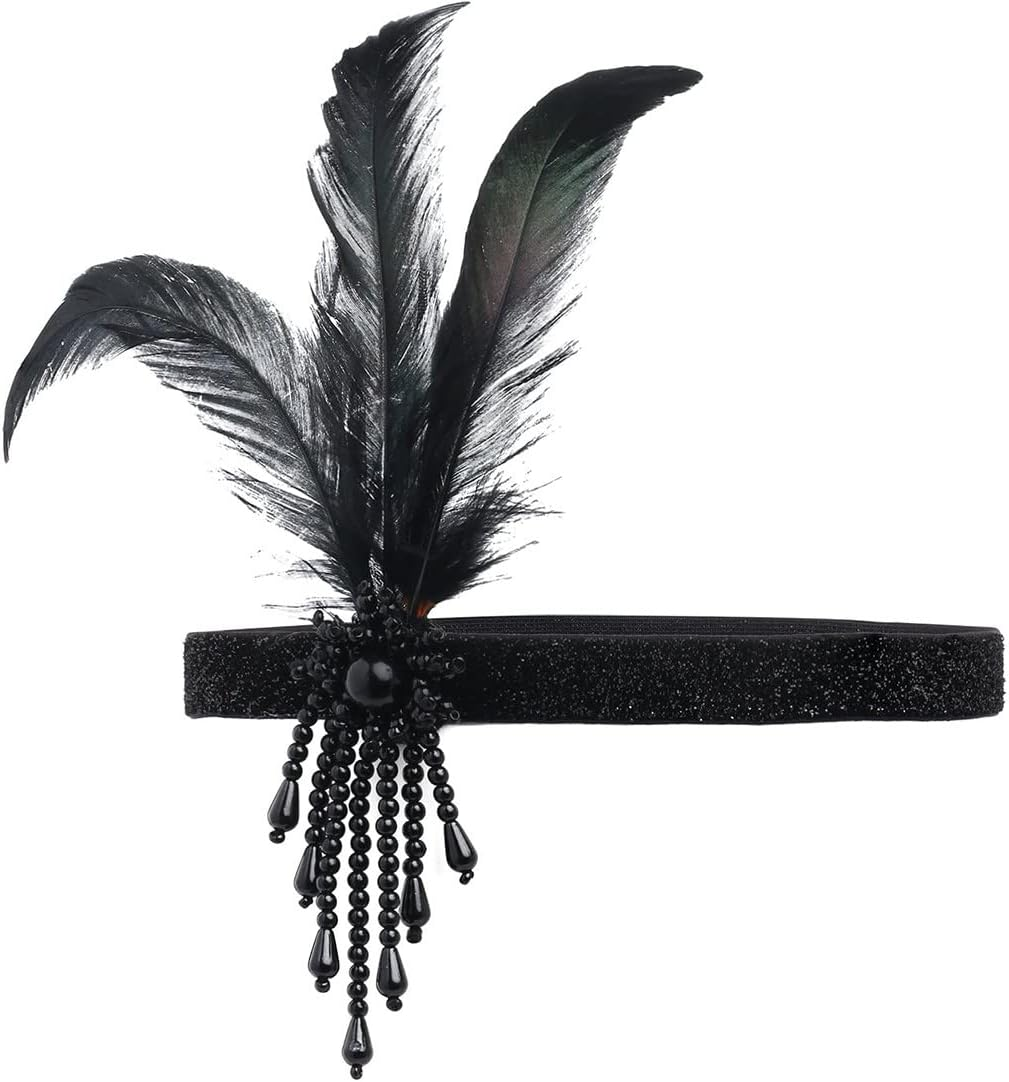 SJBAUTYO 1920S Flapper Headband, 1920S Headband Beads Flapper, Feather Headband Beads Headband, 20S Hair Accessories for Party Jewellery Women Girls image number 4