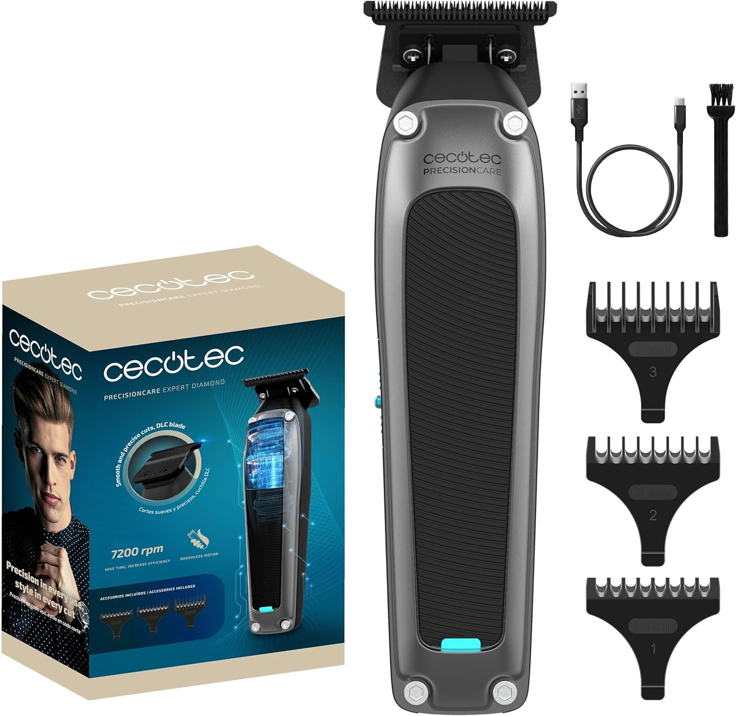 Cecotec Precisioncare Expert Diamond Hair Trimmer & Precision Trimmer with Battery, Brushless Motor, Speed 7200 Rpm, DLC Diamond Blade, Metal Guide Combs 1.5, 3 and 6 Mm, 2.5 Hours Battery Life image number 5
