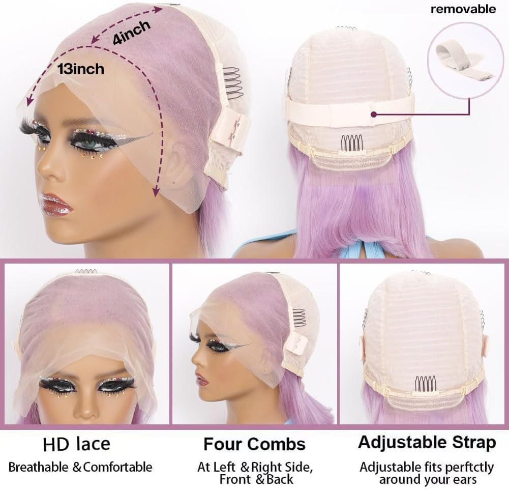 HUIWANYAN Hihmarm Purple Bob Wig Human Hair Glueless Pre Plucked 13X4 HD Lace Front Wig 180% Density Short Bob Wig for Black Women 16 Inch image number 5