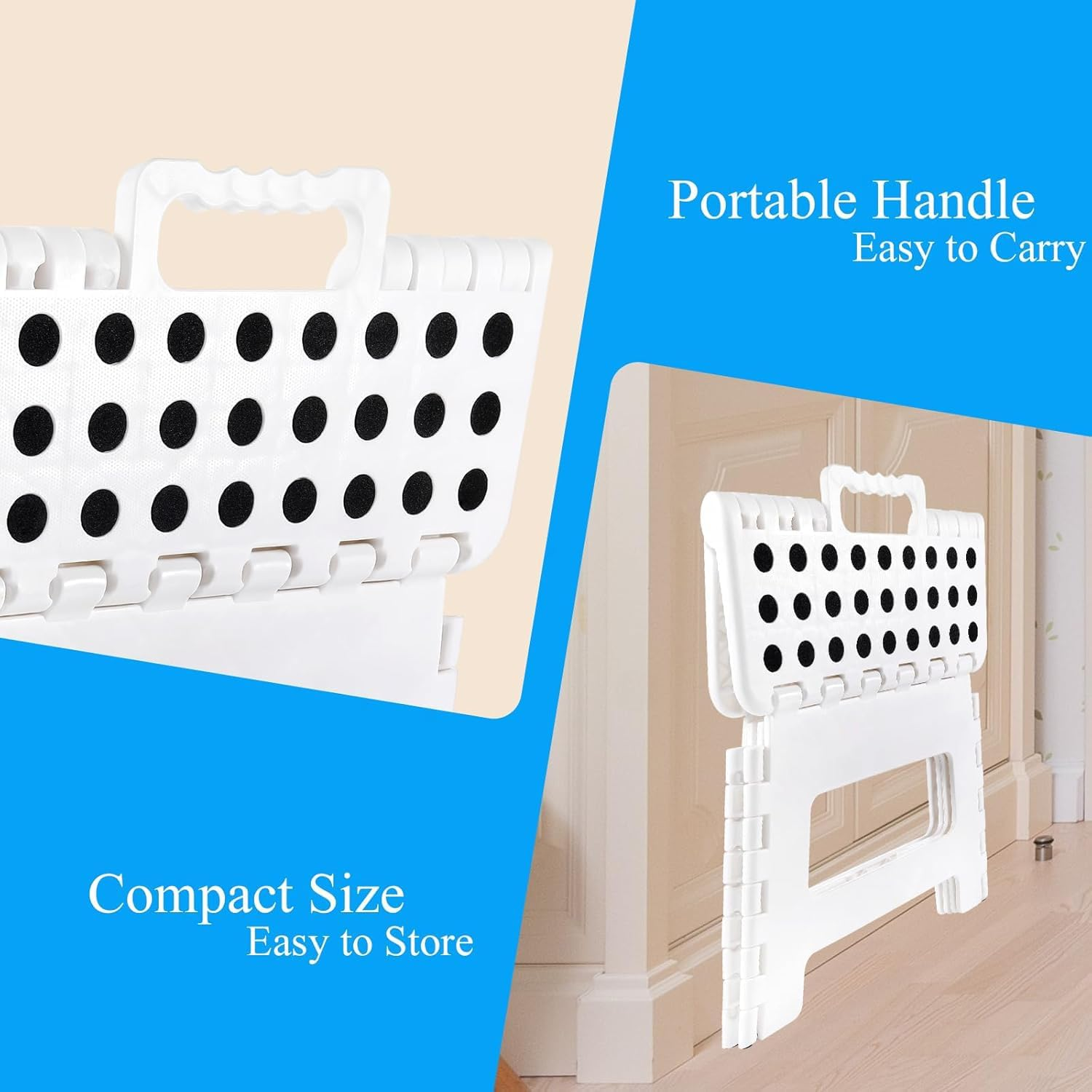 Folding Step Stool, 9 Inch Plastic Foldable Step Stool for Kids Adults - Holds up to 330 Lbs Foot Stool with Non-Slip Surface, Carry Handle for Kitchen Bathroom Bedroom (White) - White image number 4