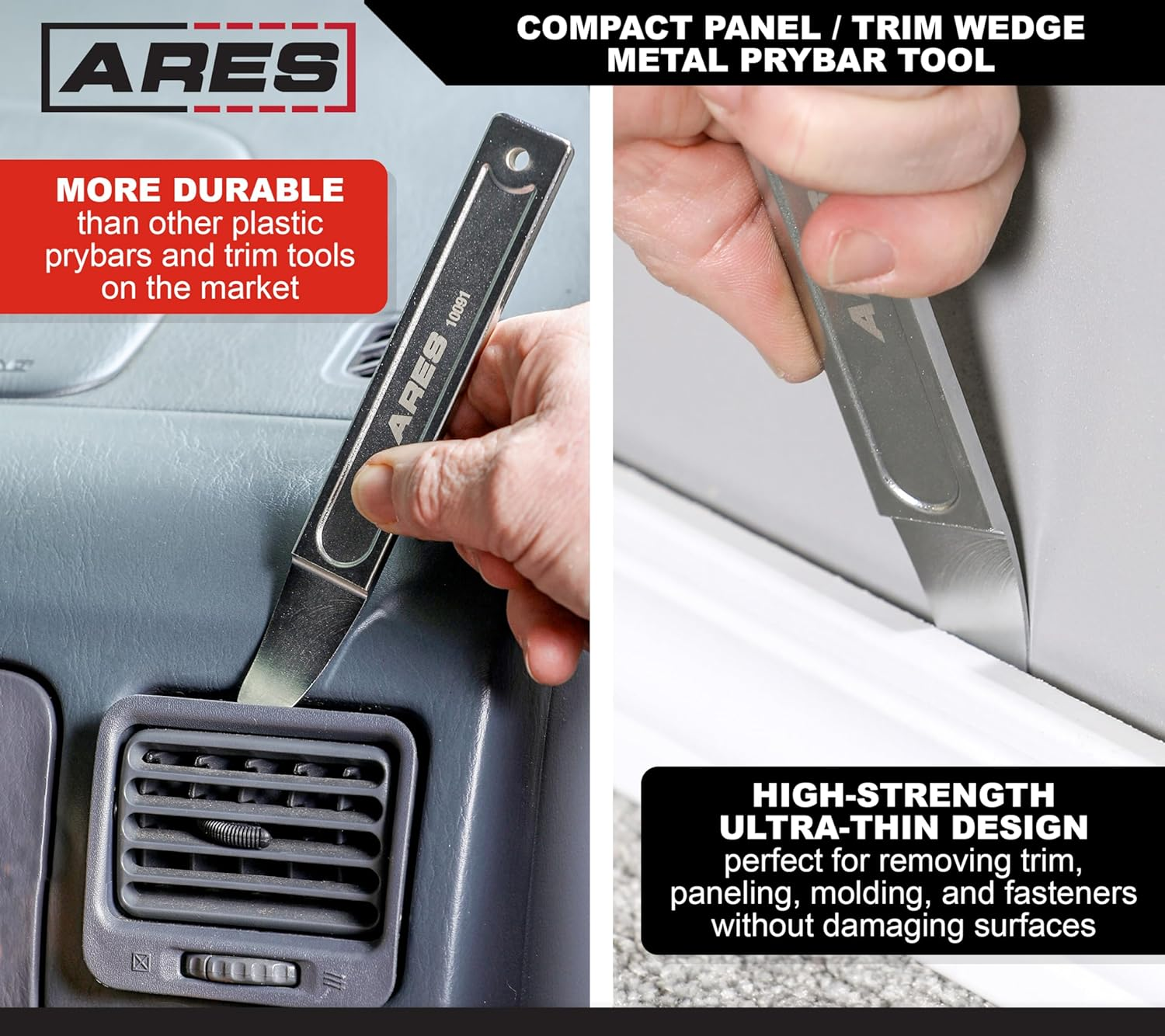ARES 10091 &ndash; Compact Panel/Trim Wedge Metal Prybar Tool &ndash; Durable Prybar Easily Removes Trim, Paneling, Sheet Metal, Fasteners, and More &ndash; Compact Design for Use in Confined Spaces image number 4