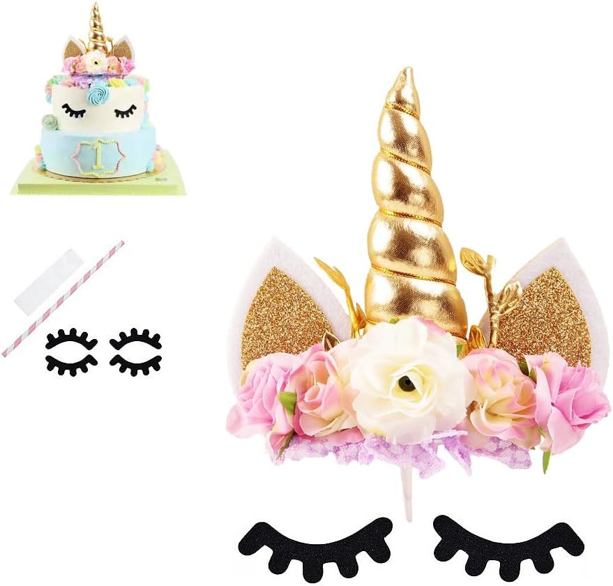 Nishine Rose Floral Unicorn Cake Topper Birthday Party Cake Decoration (Pink&Ivory)