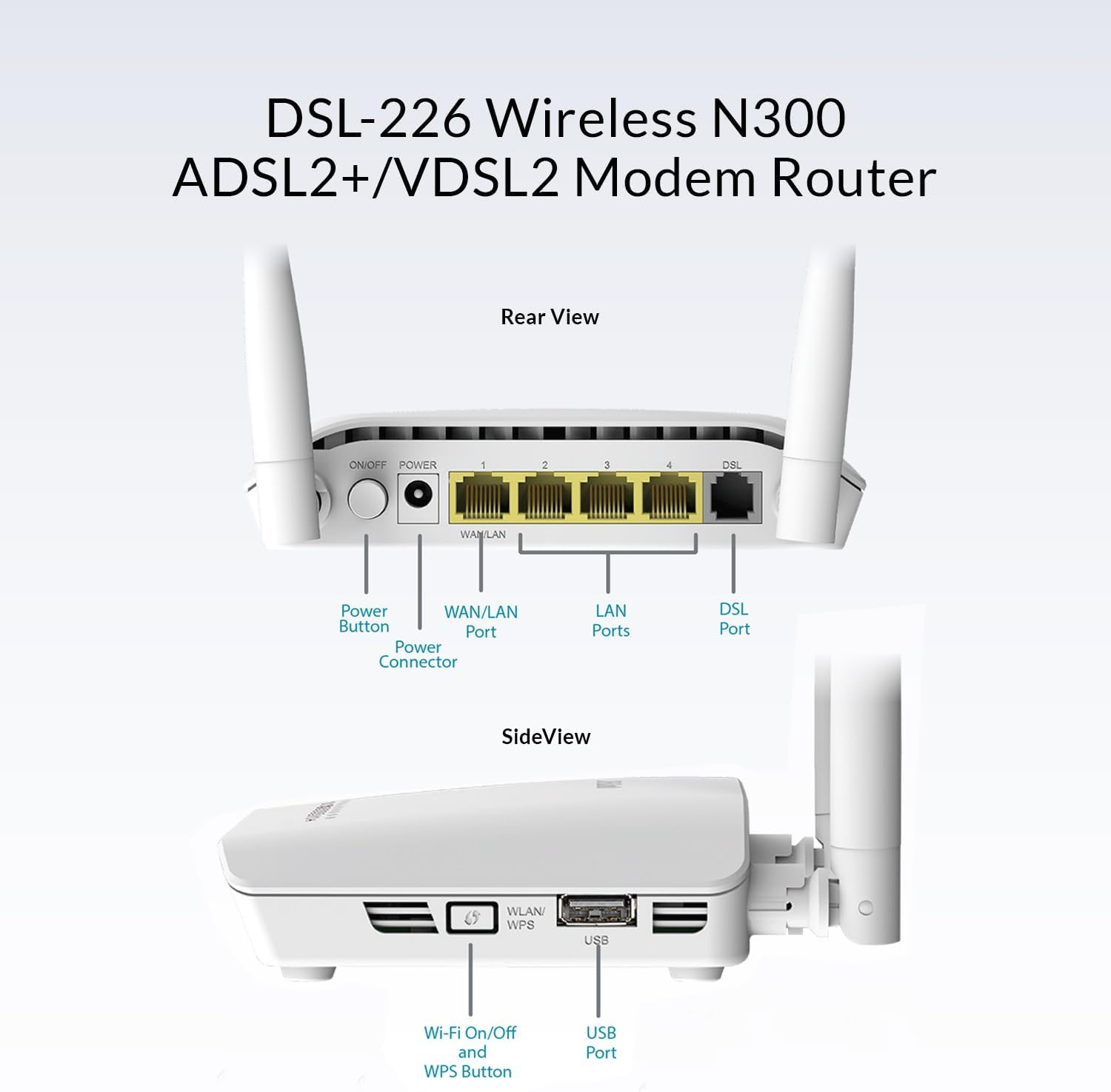 D-Link DSL-226 N300 Wireless VDSL2/ADSL2+ Modem Router - Wifi 4, NBN Compatible, 4 X LAN Ports, USB 3.0, Gaming & Networking Devices image number 1